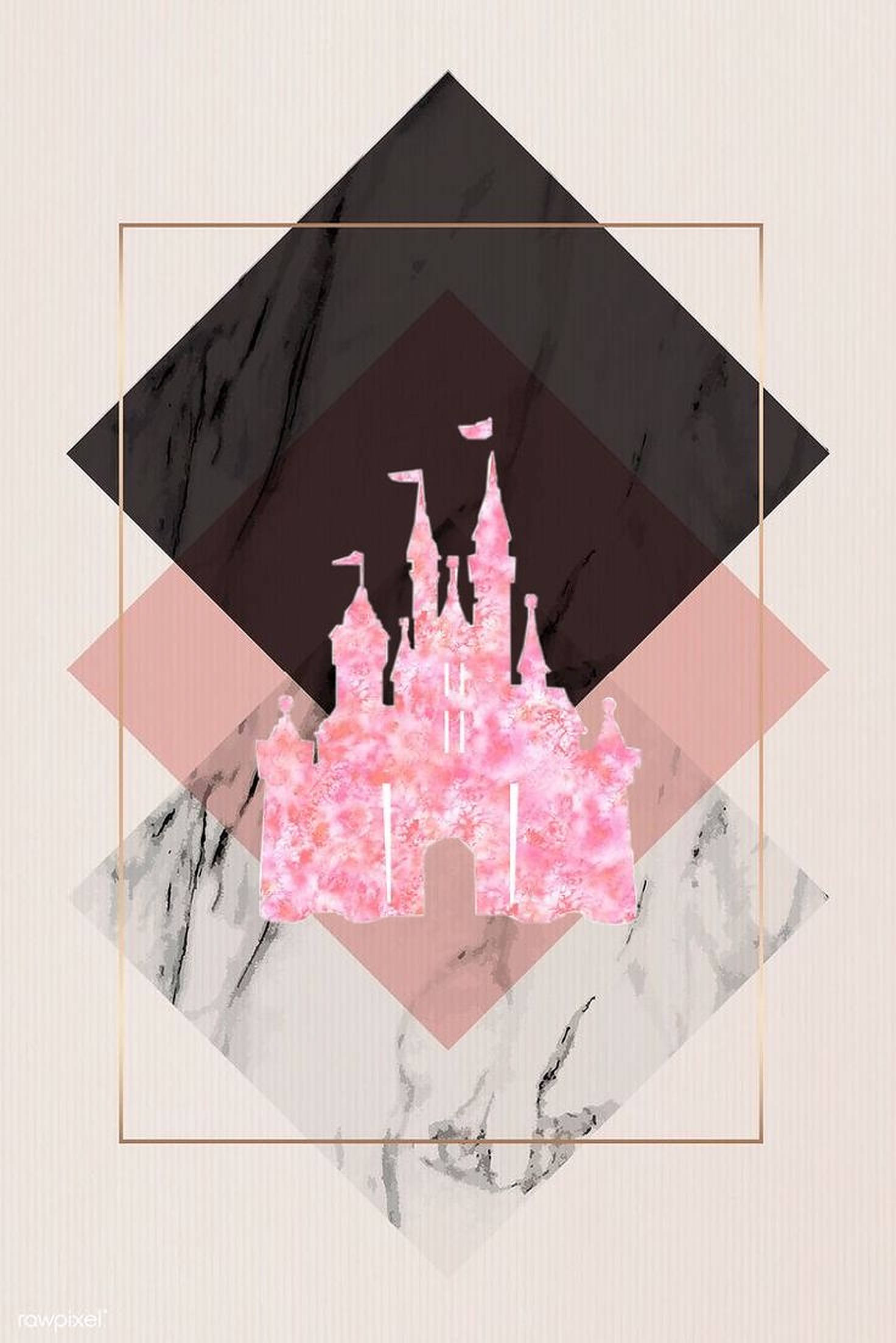 Disney Logo 桌布 壁紙 — 粉紅色大理石紋理的城堡剪影，由黑色和玫瑰色調的分層幾何形狀框住。