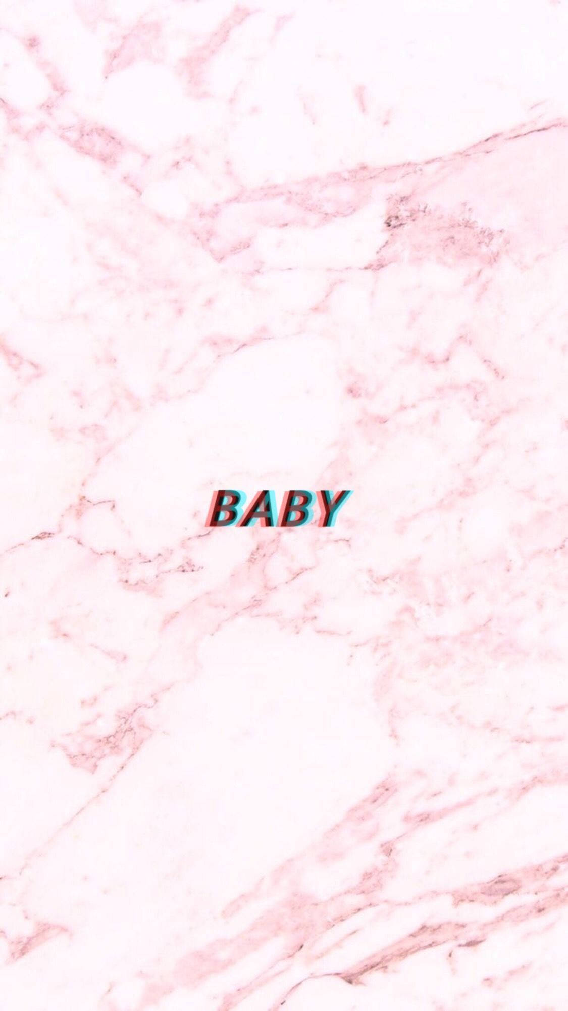 大理石 桌布 壁紙 — 粉紅色大理石背景，中央有粗體3D故障文字寫著baby。