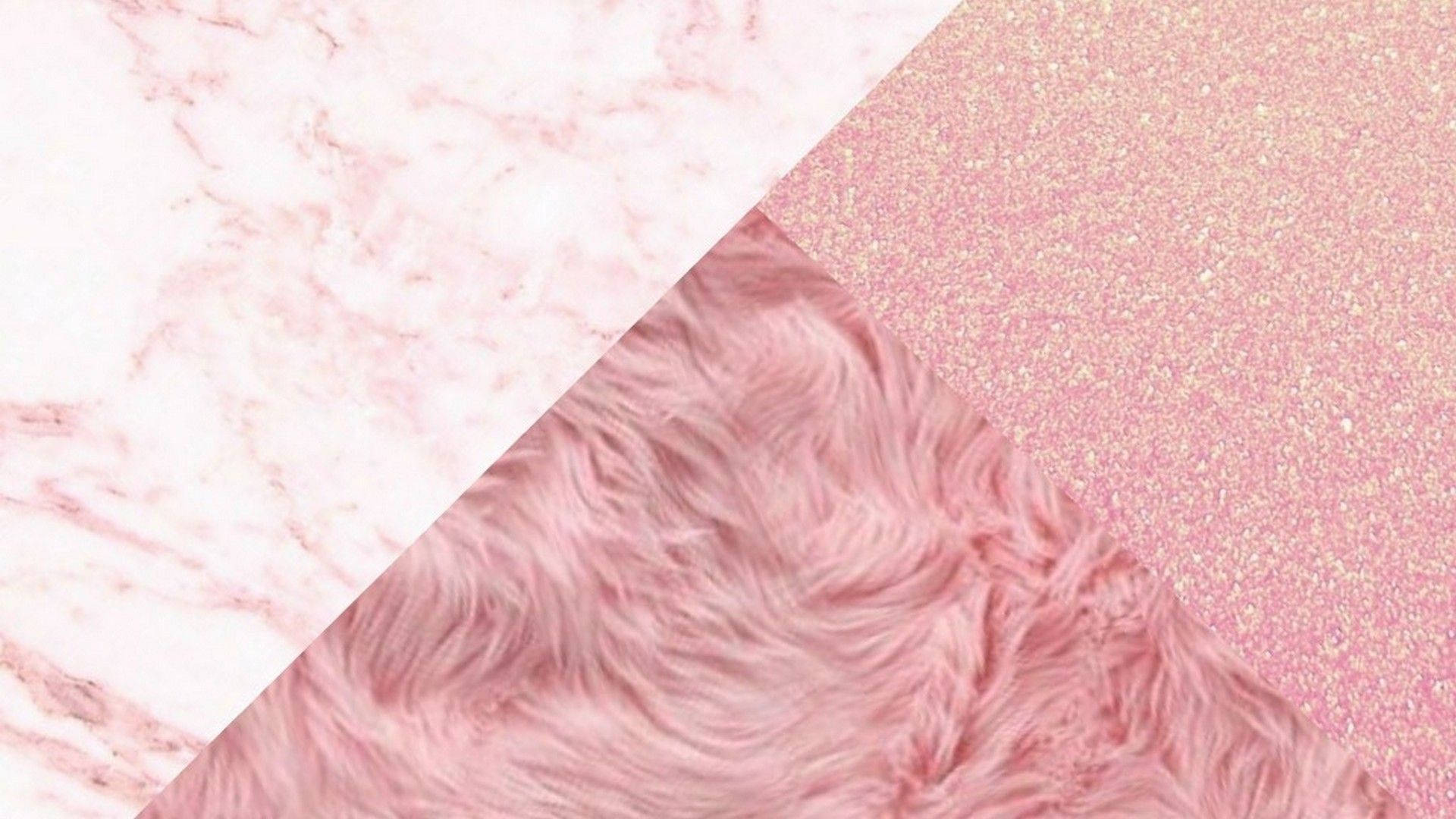 Rose Gold Marble 桌布 壁紙 — 粉紅色大理石閃粉與柔軟毛絨人造毛皮紋理的對角線構圖，採用柔和粉彩調。