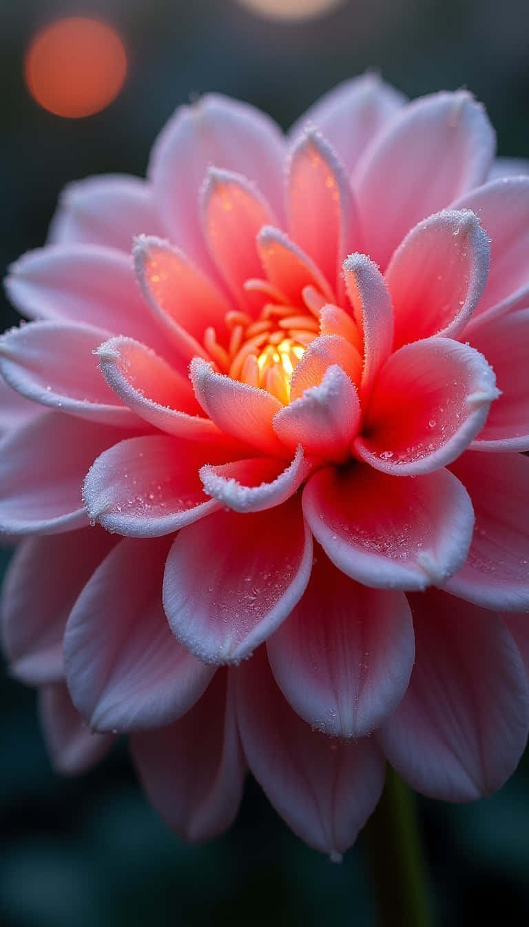 Flower 壁紙 — 粉紅色大理花的特寫，中心有露珠在模糊背景下溫暖地閃耀。