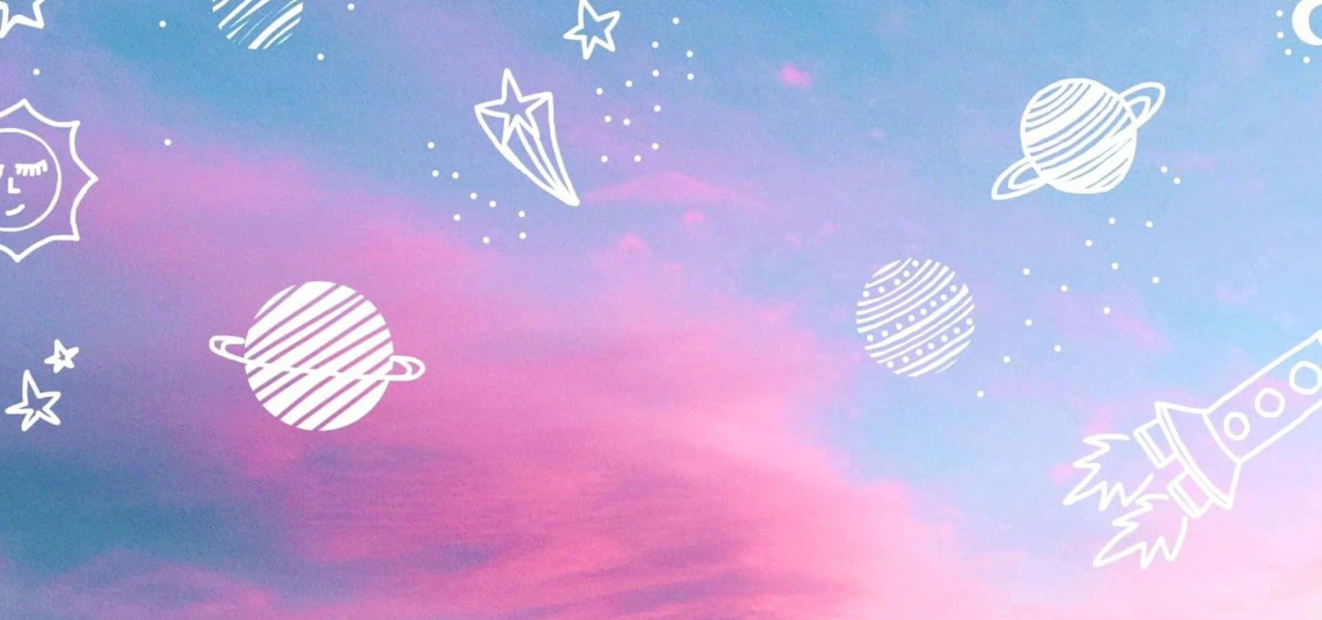 粉紅色天空上繪有星星和行星，適合用作 YouTube 封面背景