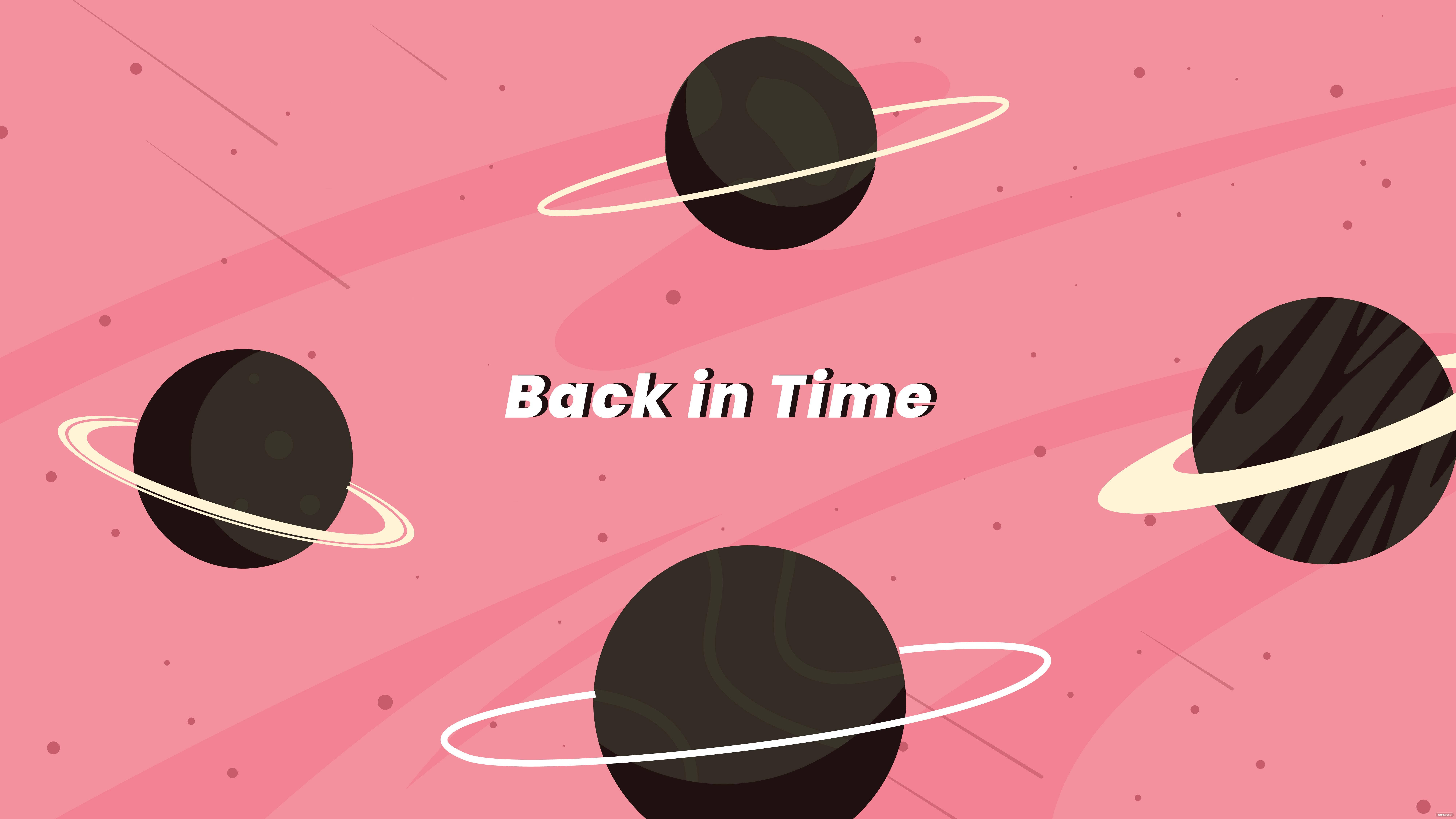 Retro Space 桌布 壁紙 — 粉紅色宇宙背景，四個帶環的黑色行星，以及文字 Back in Time。