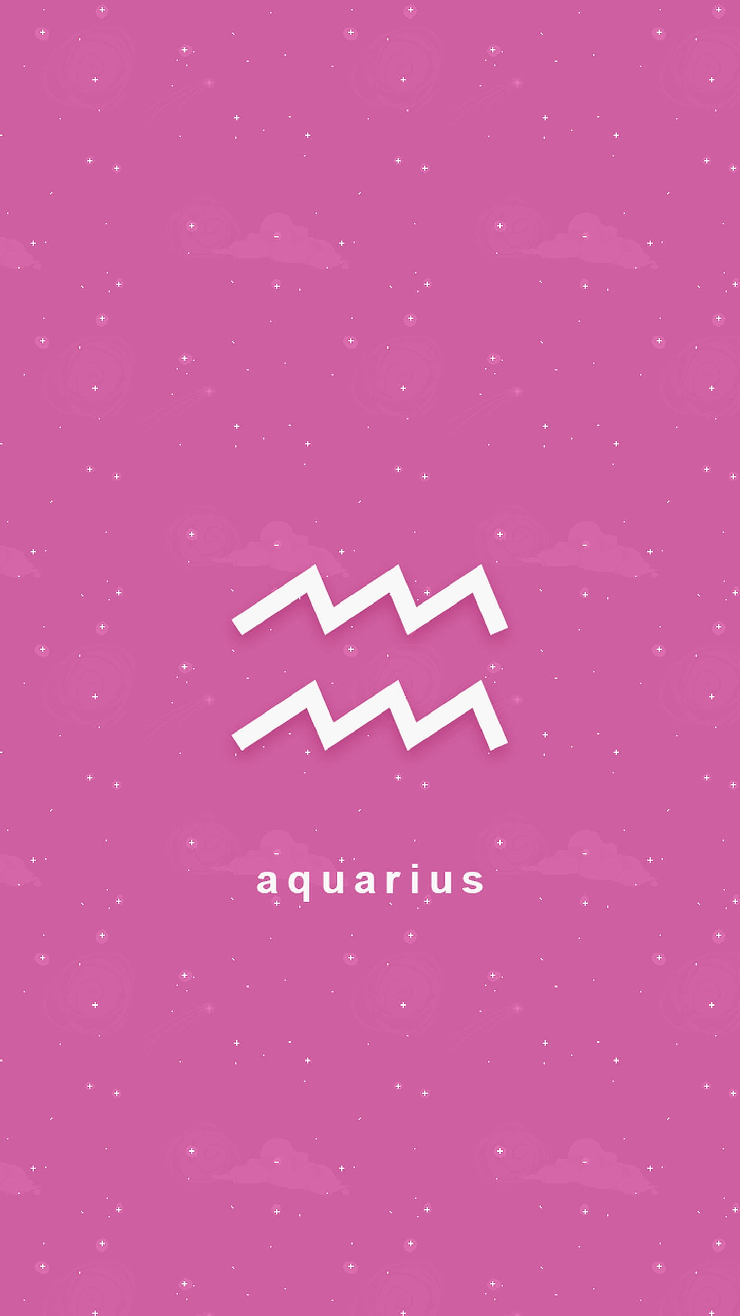aquarius 桌布 壁紙 — 粉紅色宇宙風格桌布，以星空和柔和雲朵為背景，展示水瓶座星座符號及名稱。