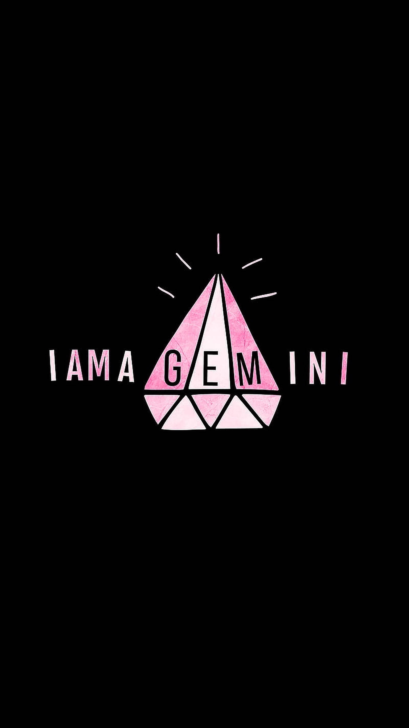 gemini 桌布 壁紙 — 粉紅色寶石標誌，帶有「I AM A GEMINI」文字，在黑色背景上發光，並有放射線條。