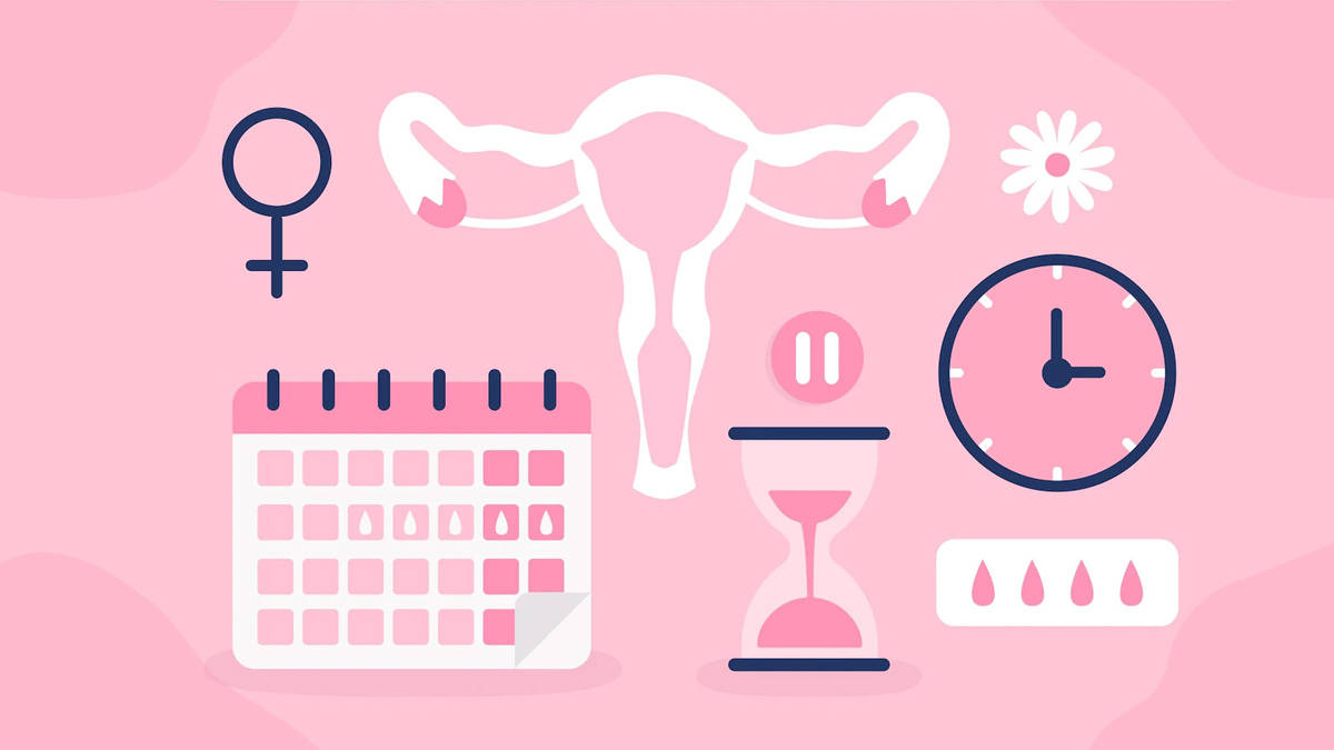 Menopause 桌布 壁紙 — 粉紅色平面設計插圖，包含女性生殖健康符號，如子宮、日曆時鐘和沙漏。