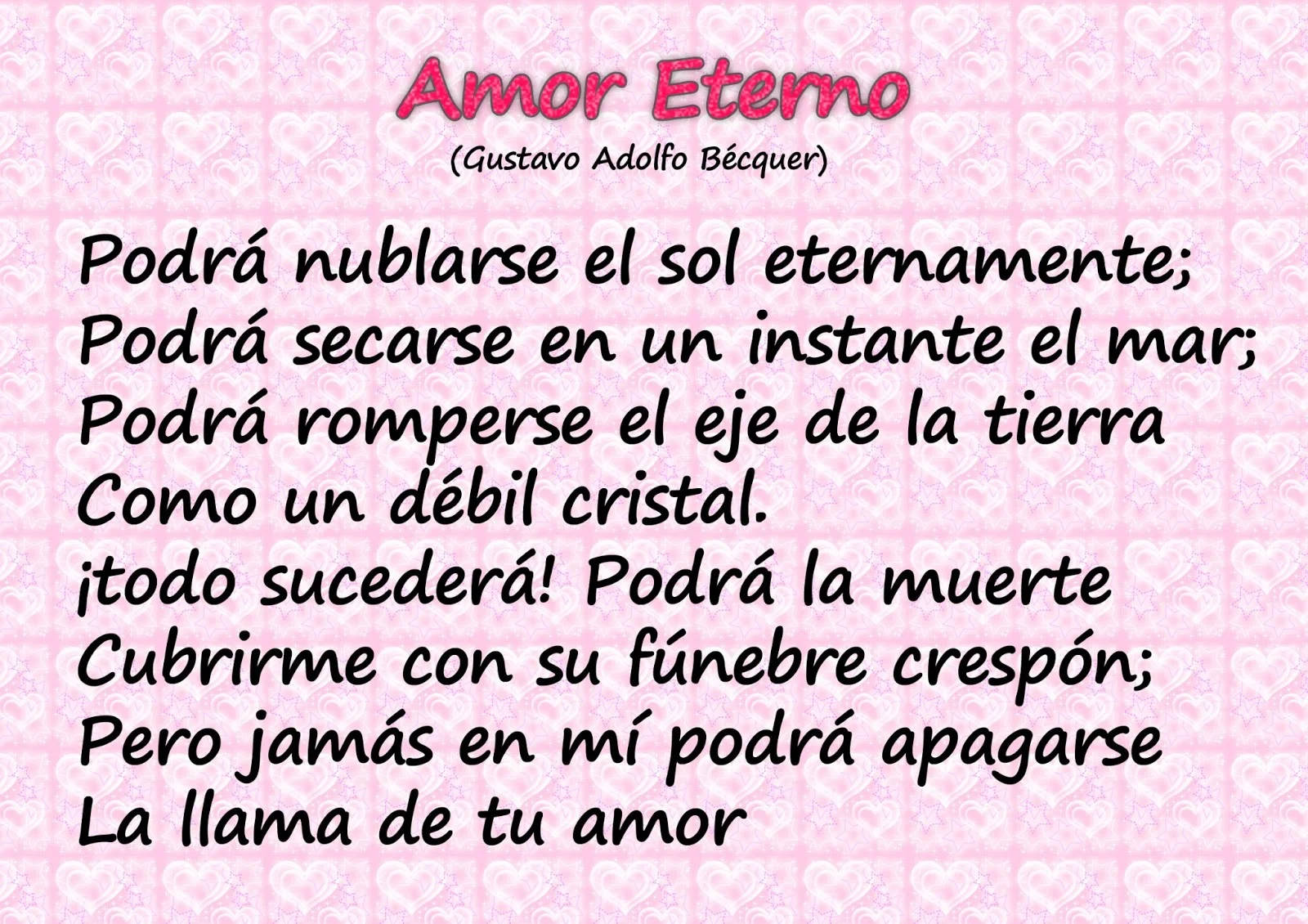 Translate 桌布 壁紙 — 粉紅色心形圖案壁紙上顯示西班牙詩歌《Amor Eterno》，作者Gustavo Adolfo Bécquer，以粗體粉紅和黑色文字呈現。