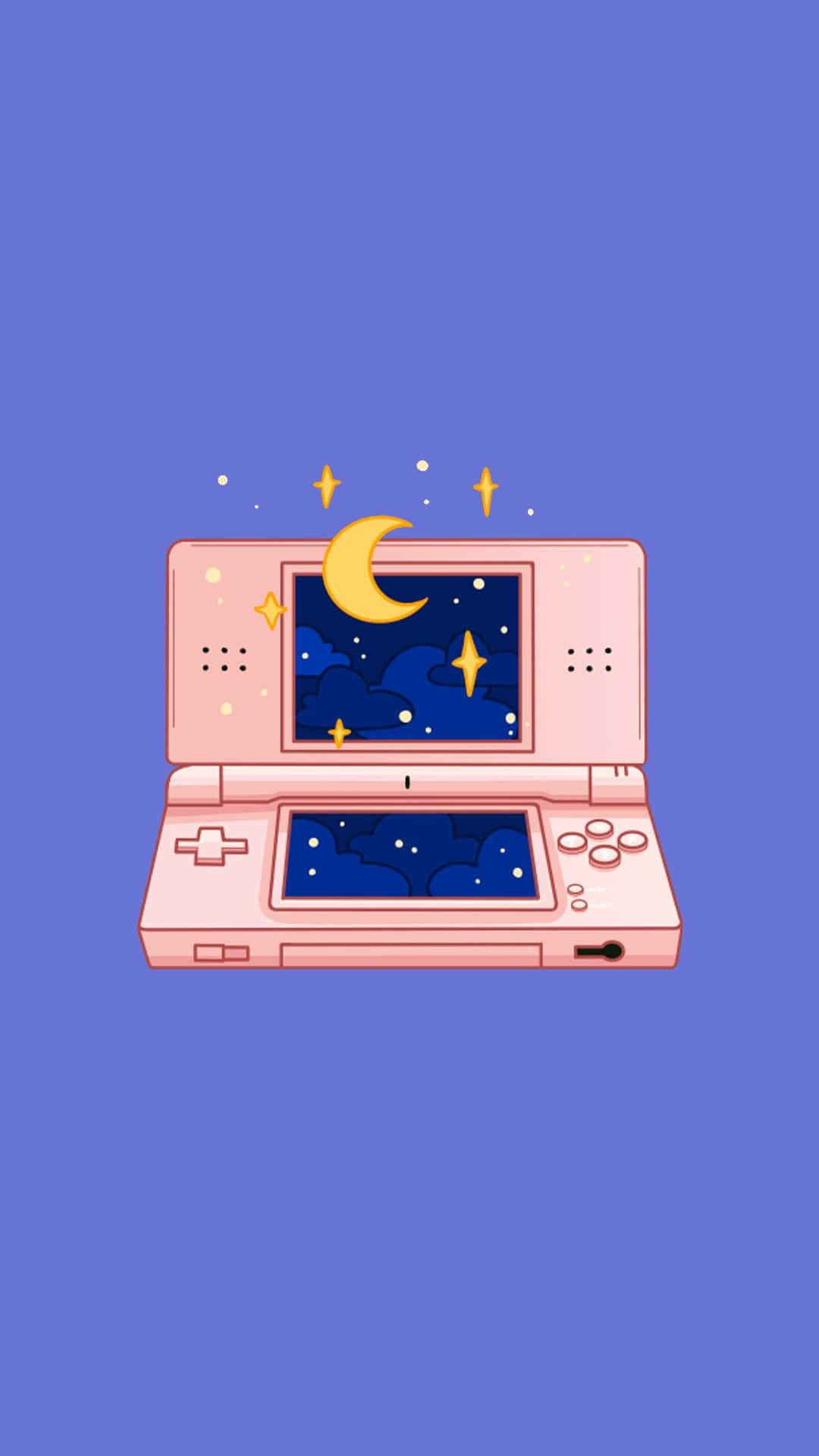Aesthetic Gaming 桌布 壁紙 — 粉紅色手提遊戲機在純藍色背景上顯示星空，有新月和閃爍效果。