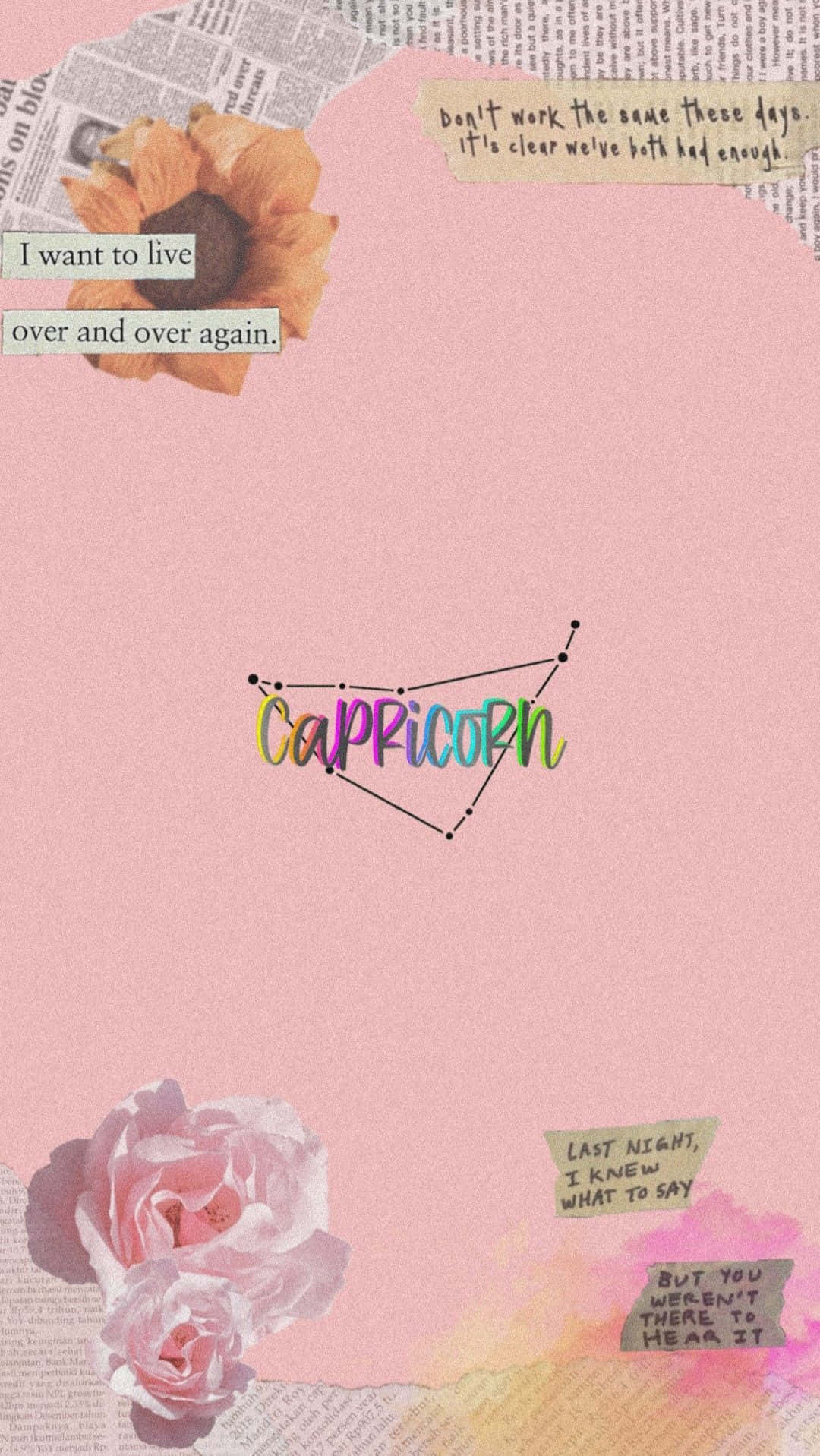 Capricorn Aesthetic 桌布 壁紙 — 粉紅色拼貼壁紙，帶有玫瑰、報紙剪報和色彩繽紛的摩羯座星座設計。