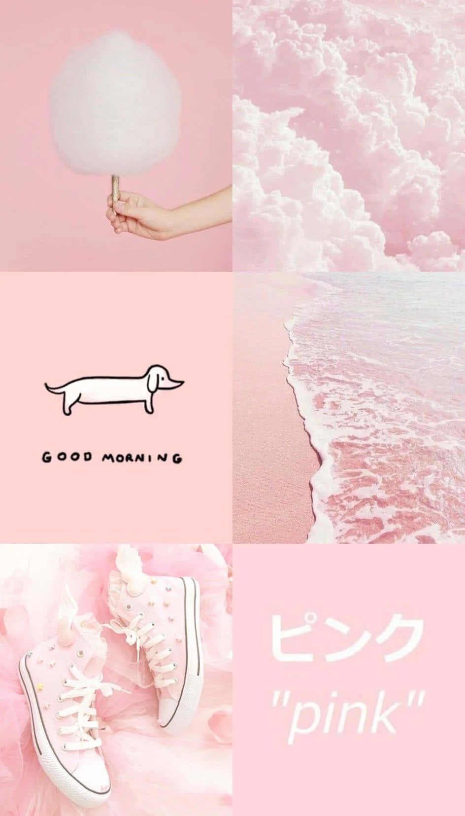 Pastel Pink Aesthetic 桌布 壁紙 — 粉紅色拼貼畫，包含棉花糖、臘腸狗圖案、海浪和運動鞋，全部以柔和夢幻的美學統一。