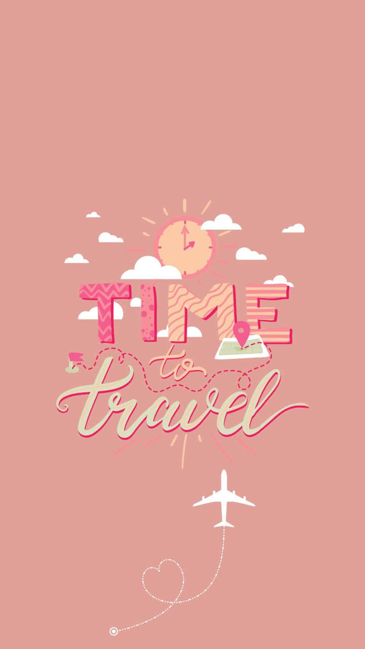 旅行 桌布 壁紙 — 粉紅色插圖圖形，上面有「TIME to travel」文字、太陽、雲朵，以及一架白色飛機在鮭魚色背景上拖曳出心形軌跡。