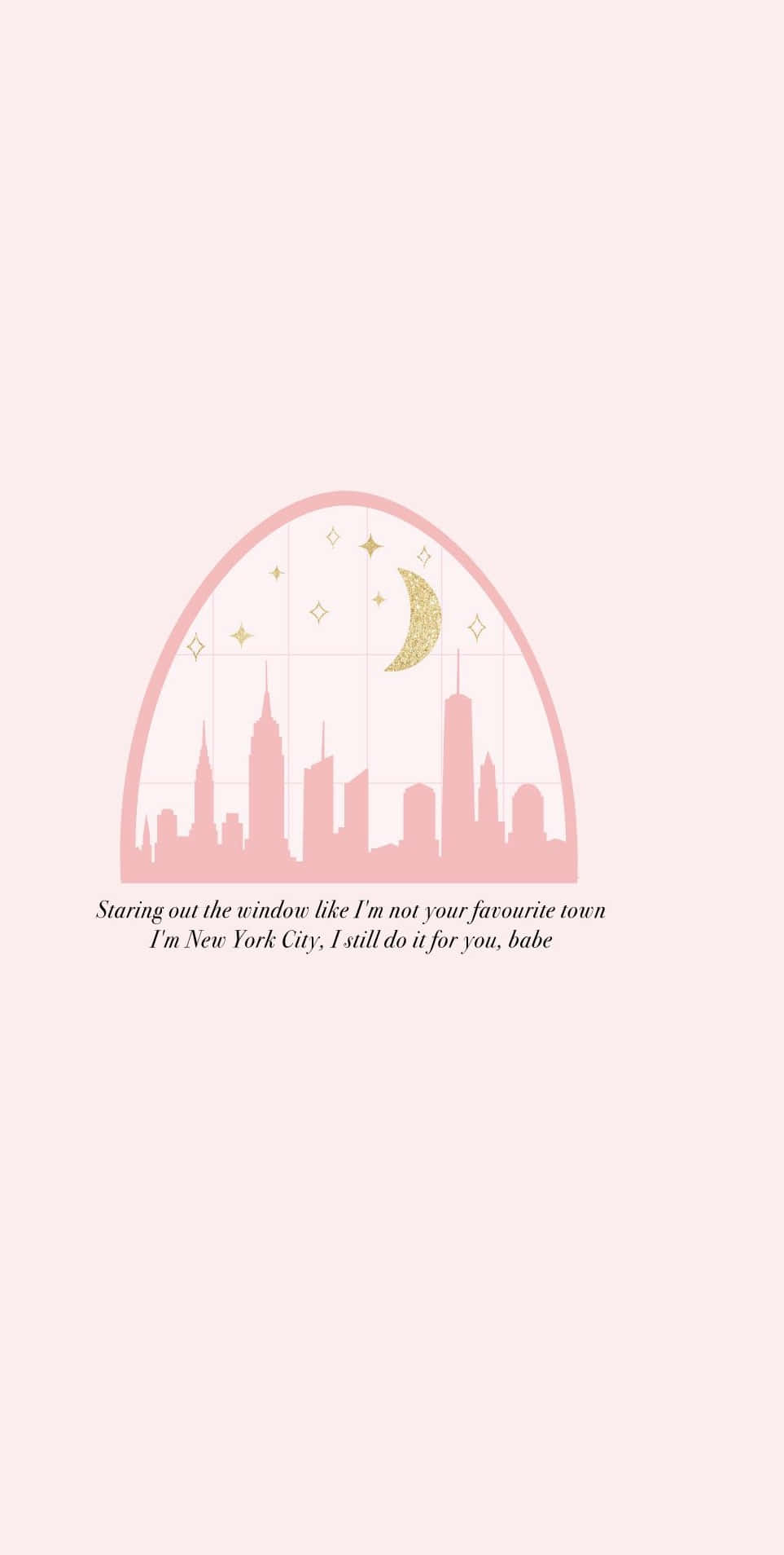 Taylor Swift Lyrics 桌布 壁紙 — 粉紅色插圖紐約天際線，新月和星星鑲嵌在拱形窗戶中。