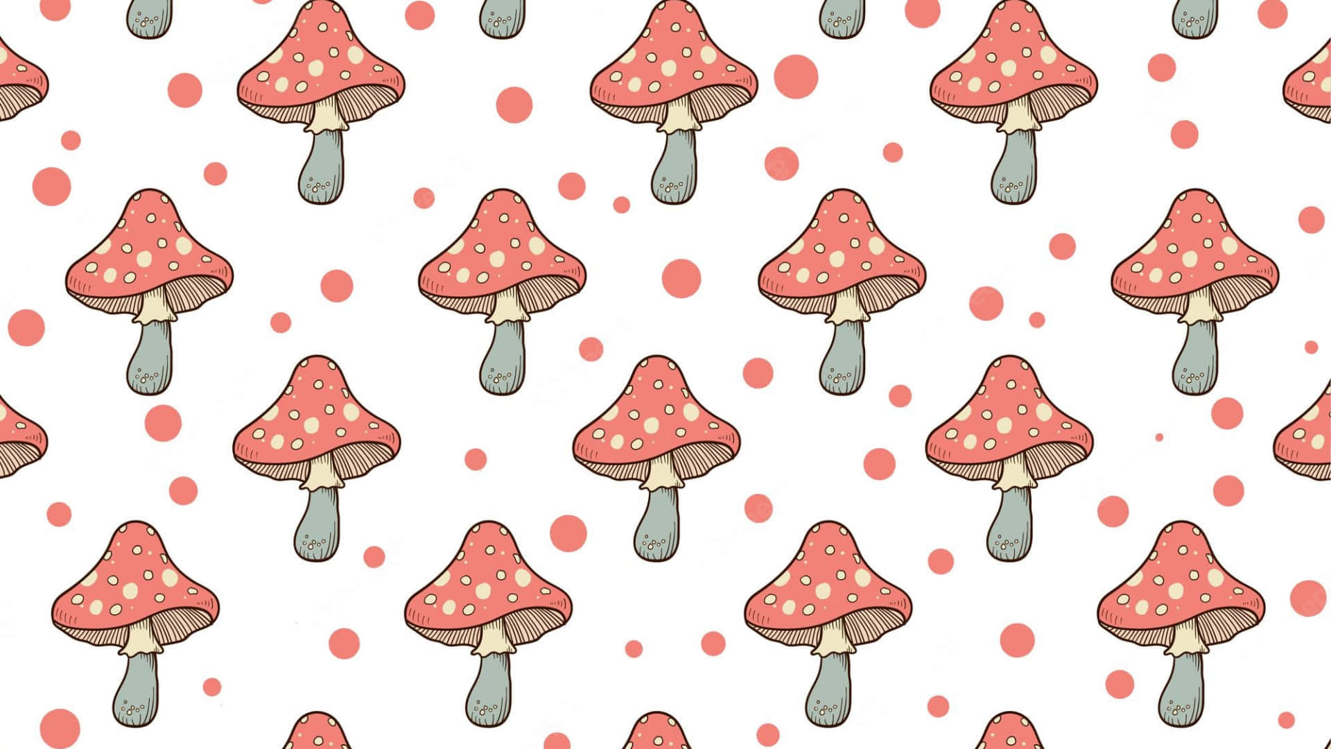 Kawaii Mushroom 桌布 壁紙 — 粉紅色斑點蘑菇配灰色莖部，在帶有珊瑚圓點的白色背景上重複。