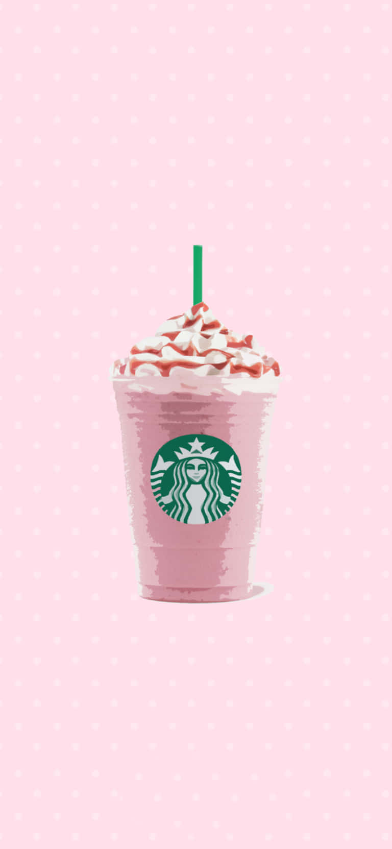 Aesthetic Starbucks 桌布 壁紙 — 粉紅色星巴克星冰樂，上面有鮮奶油和焦糖漩渦，背景是粉紅色圓點。