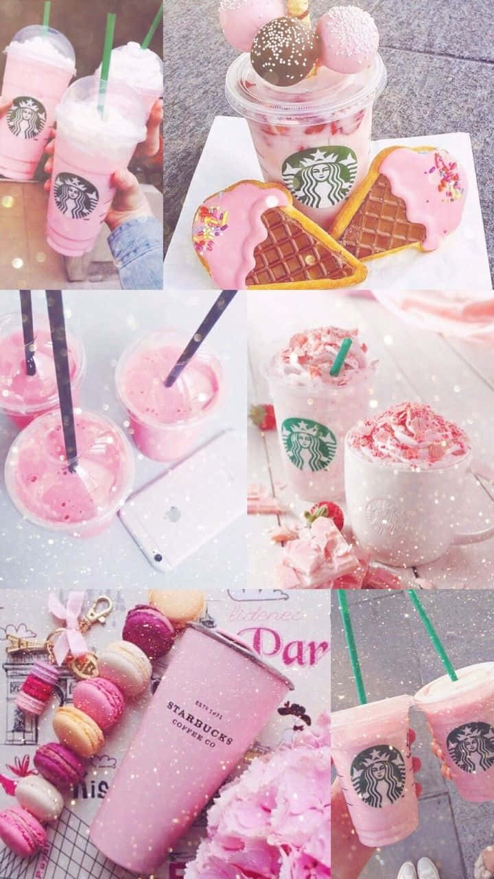 Aesthetic Starbucks 桌布 壁紙 — 粉紅色星巴克飲品、甜點和糕點的拼貼，以甜美粉彩美學排列，帶有閃爍效果。