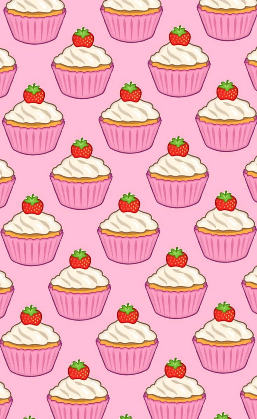 Kawaii Dessert 桌布 壁紙 — 粉紅色杯子蛋糕圖案，帶有白色糖霜和草莓，背景為粉彩粉紅色。
