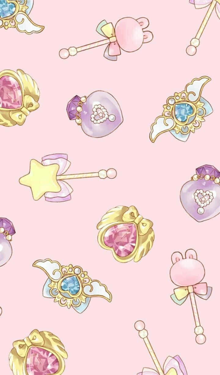 Sailor Moon Pattern 桌布 壁紙 — 粉紅色柔和動漫風格壁紙圖案，帶有奇幻魔法棒和鑲嵌寶石的配飾。