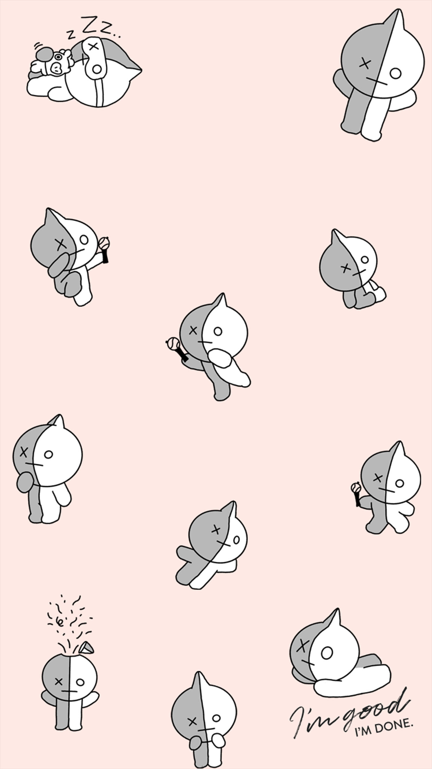 van bt21 桌布 壁紙 — 粉紅色柔和壁紙，上面散落著可愛的灰色和白色卡通角色，呈現各種睏倦或疲憊的姿勢，並帶有文字 'I'm good I'm done.'