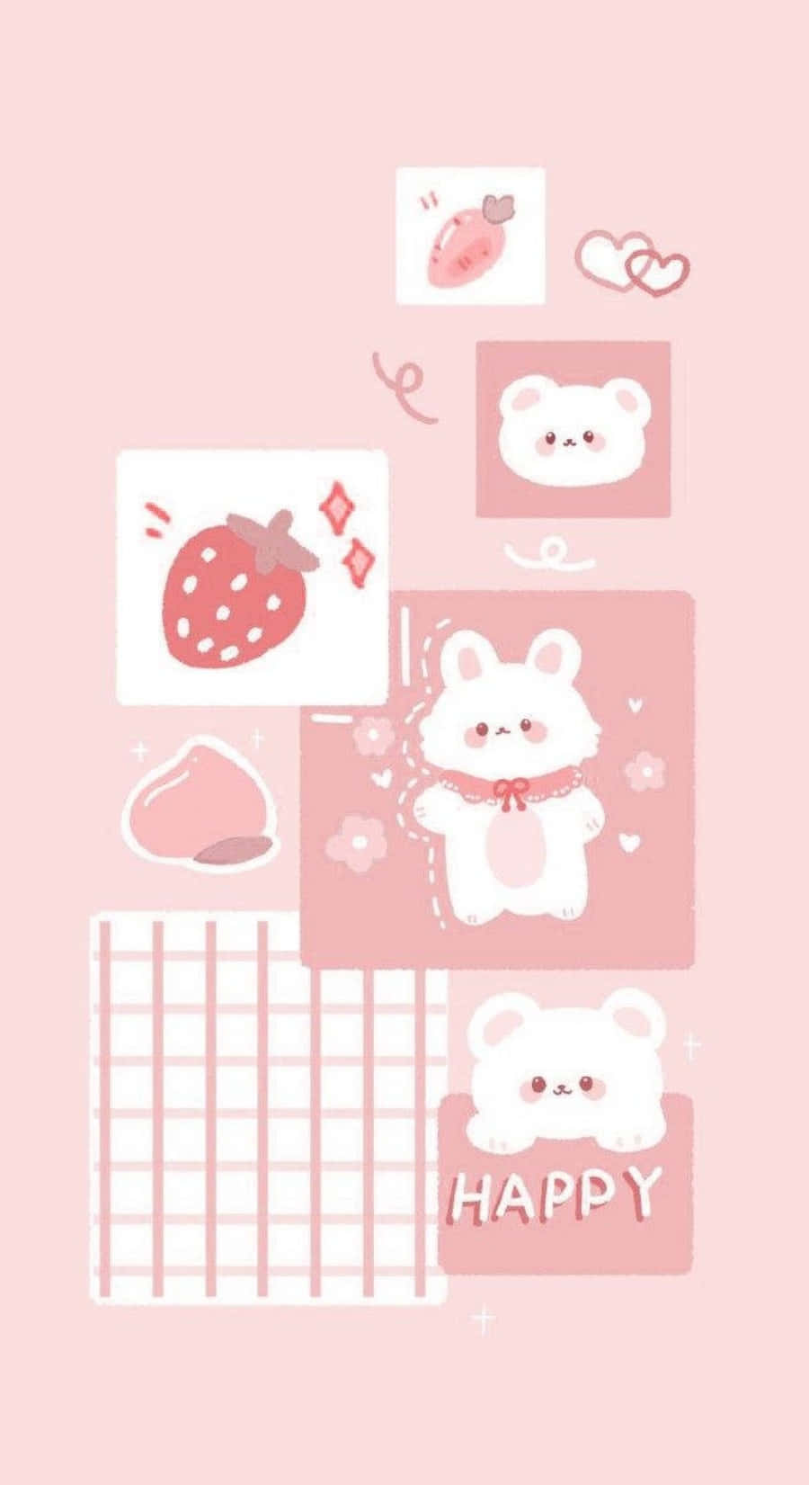 Bear iPhone 桌布 壁紙 — 粉紅色柔和壁紙，以有趣拼貼風格排列可愛卡通熊、草莓和心形圖案。