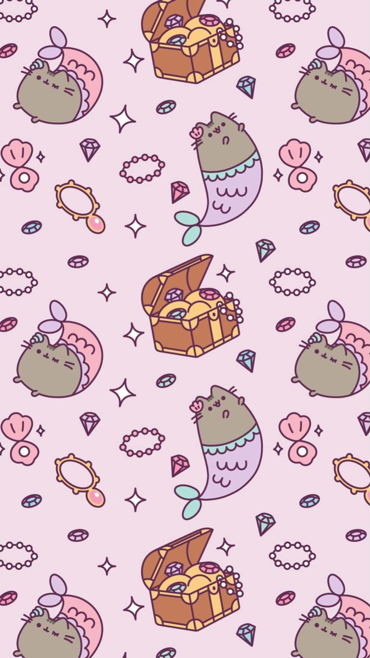 Kawaii Mermaid 桌布 壁紙 — 粉紅色柔和壁紙圖案， featuring 可愛美人魚Pusheen貓、寶藏箱和閃爍珠寶。