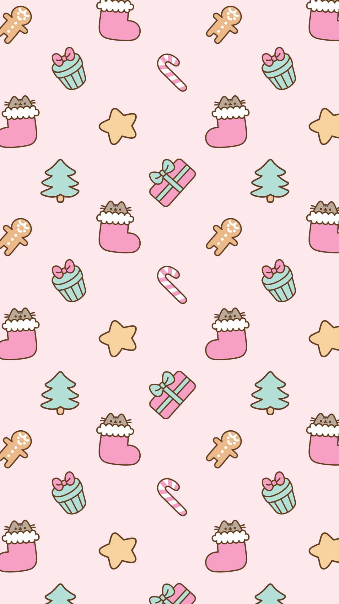 pusheen 動圖 桌布 壁紙 — 粉紅色柔和壁紙圖案，可愛的Pusheen貓咪穿著長襪，搭配薑餅人、拐杖糖和杯子蛋糕。