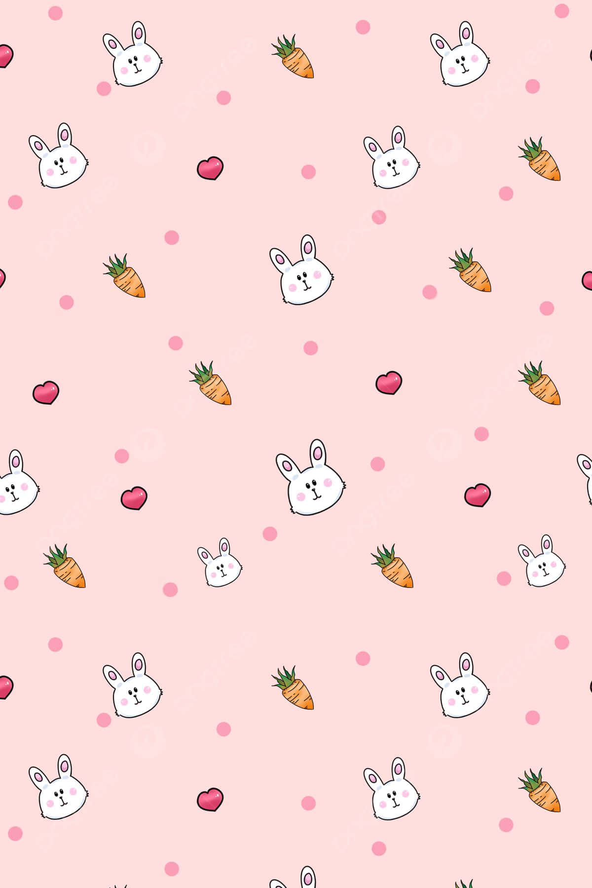 Miss Rabbit 桌布 壁紙 — 粉紅色柔和壁紙圖案，可愛的白色兔子頭、橙色胡蘿蔔和粉紅色心形散落在表面。