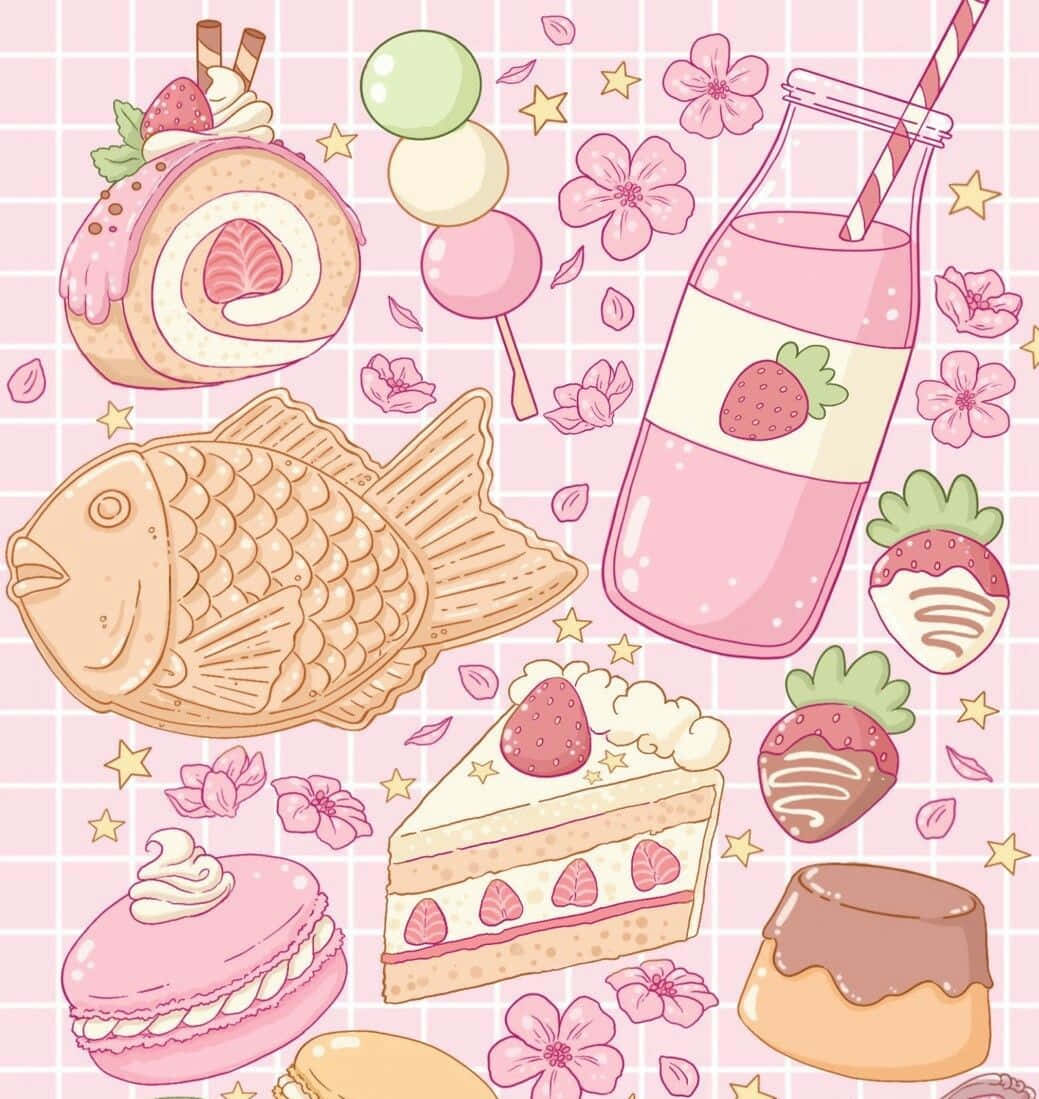 Kawaii Food 桌布 壁紙 — 粉紅色柔和插畫風格的壁紙，上面有蛋糕卷、馬卡龍、牛奶、櫻花和星星等甜點。