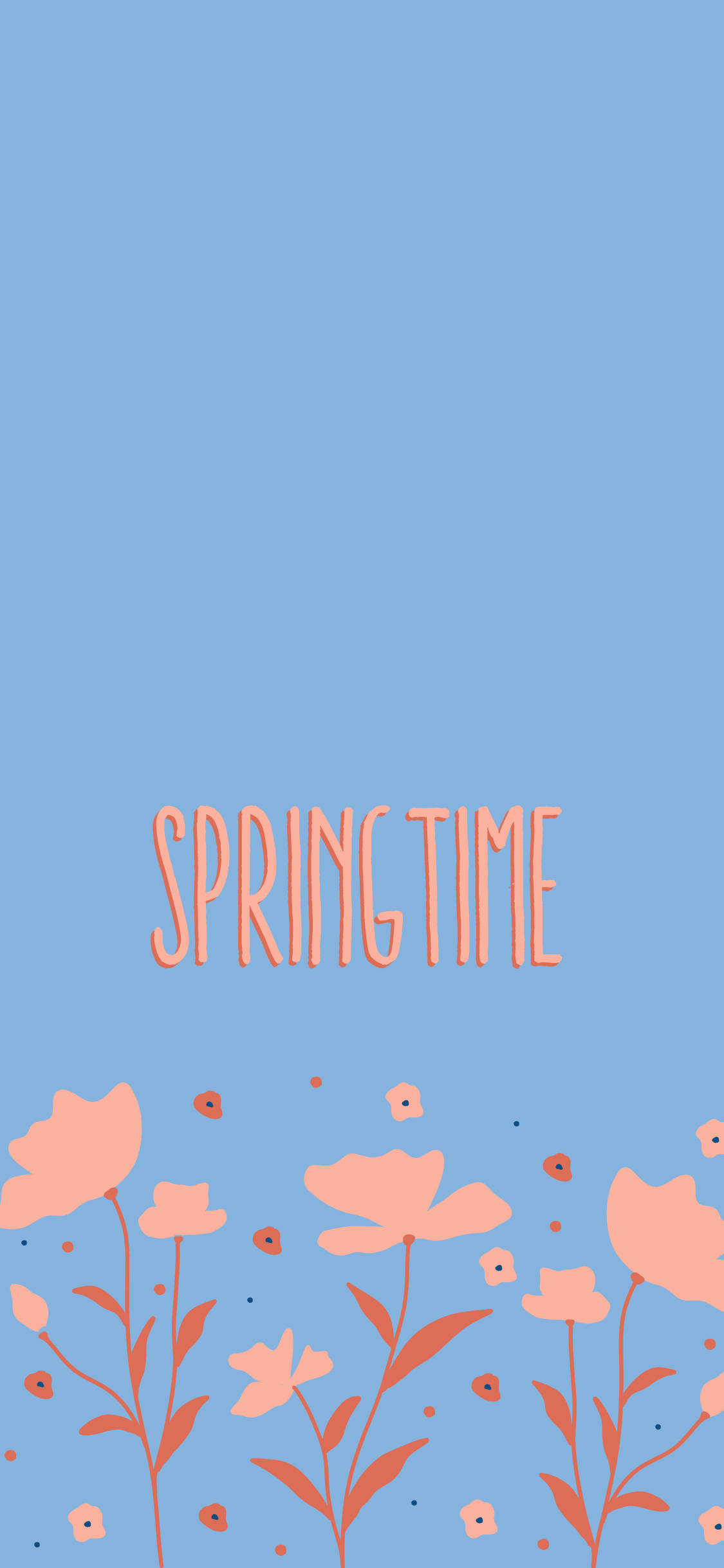 Spring iPhone 桌布 壁紙 — 粉紅色柔和的花朵和花蕾在柔和的藍色背景底部盛開，並有桃色手寫體的springtime字樣。