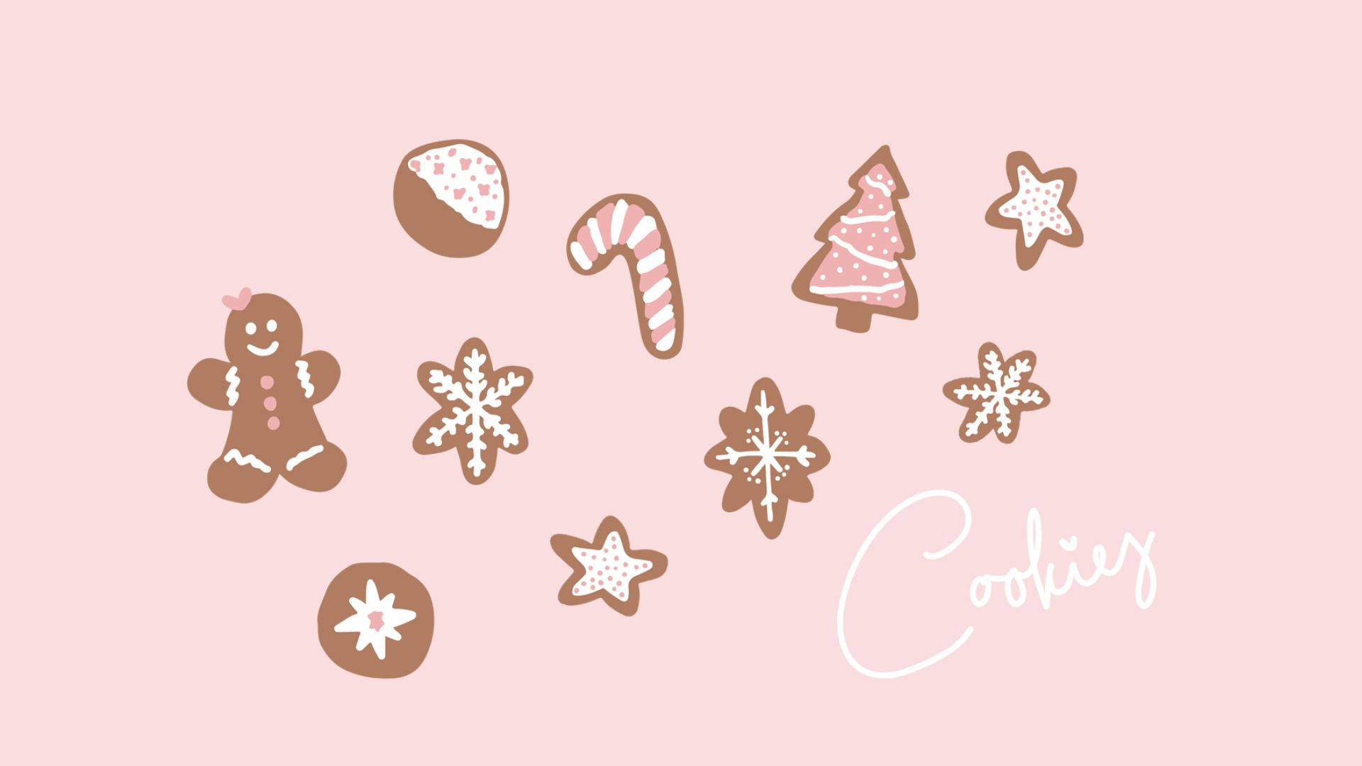 Kawaii Christmas 桌布 壁紙 — 粉紅色柔和背景，裝飾有可愛的薑餅餅乾、雪花和拐杖糖插圖。
