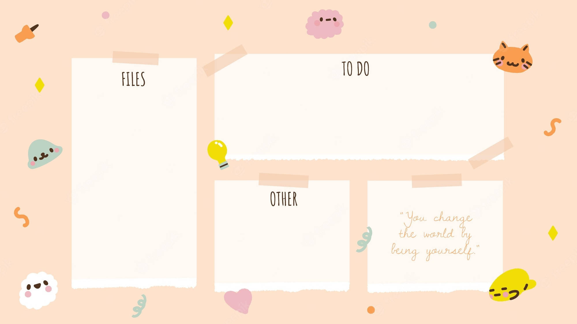 Kawaii Pastel Aesthetic 桌布 壁紙 — 粉紅色柔和背景，配上可愛卡通貼紙和四張標籤為檔案、待辦事項、其他及勵志語錄的便利貼。
