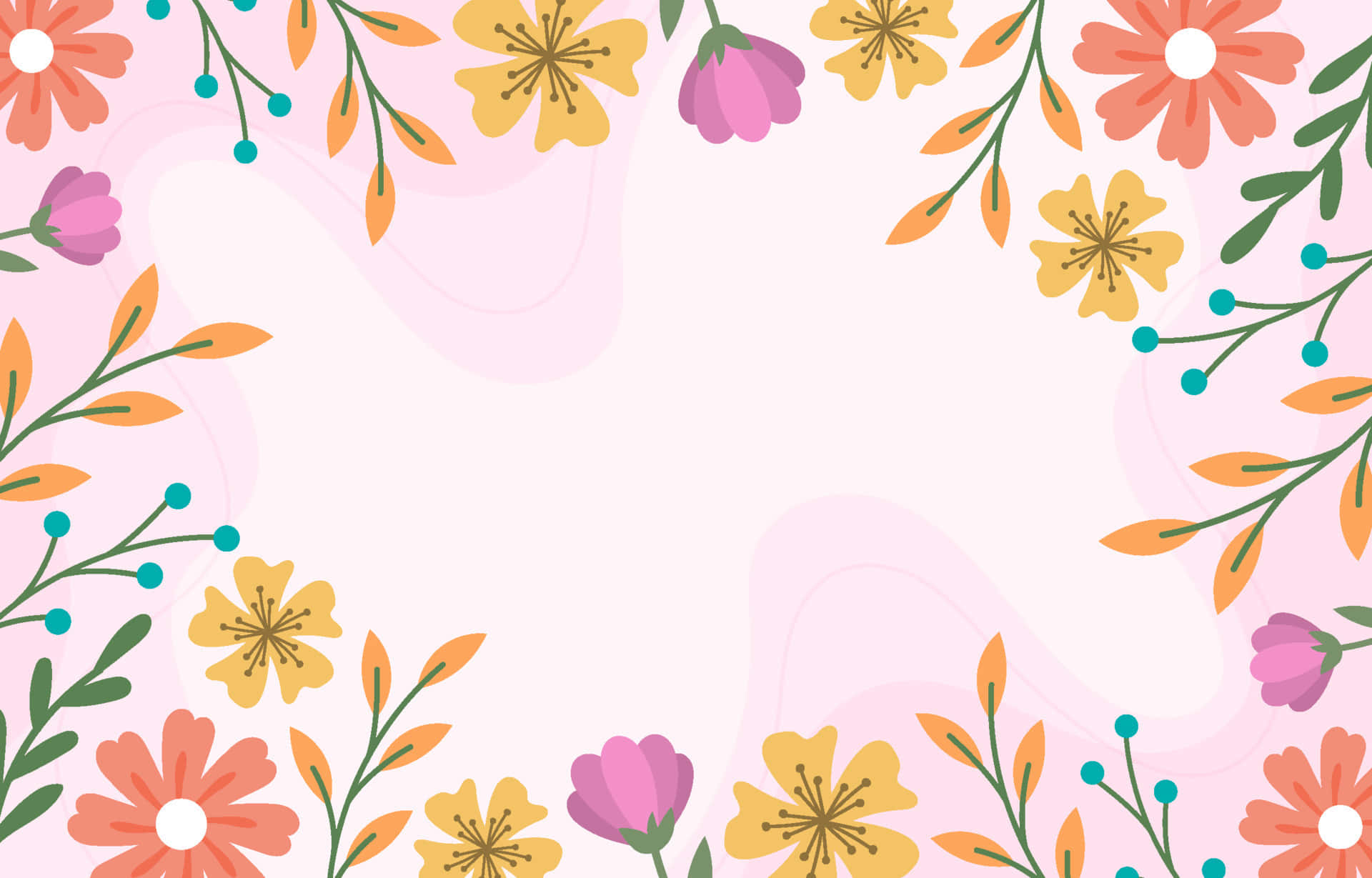 Spring Aesthetic 桌布 壁紙 — 粉紅色柔和背景，配上色彩繽紛的風格化花朵和葉子，形成歡快的春天圖案。