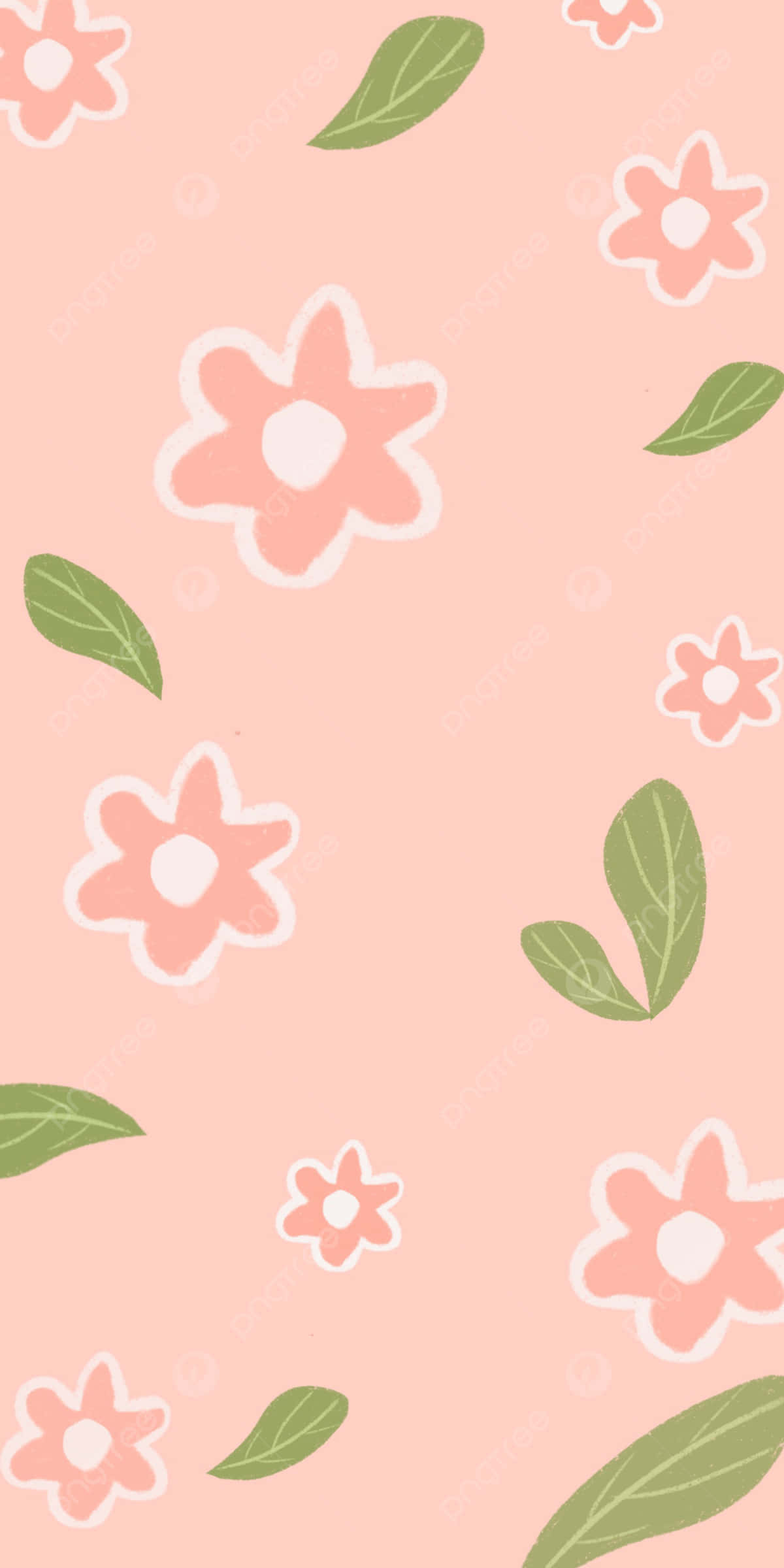 Pink Floral 桌布 壁紙 — 粉紅色柔和背景，點綴簡單風格的花朵和綠色葉子，呈散落圖案。