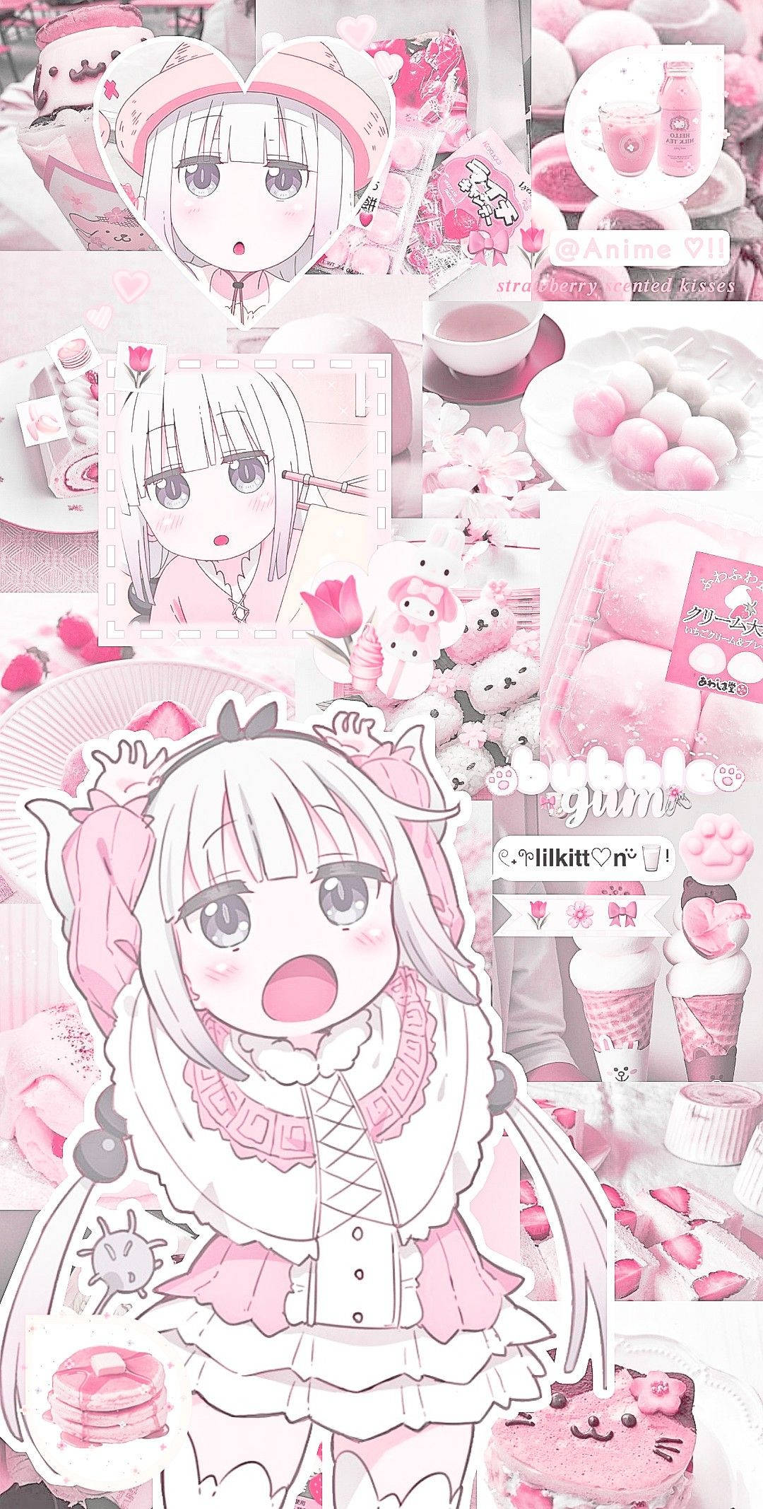 動漫女孩 桌布 壁紙 — 粉紅色柔和色調的動漫拼貼畫，一個驚訝的女孩被糖果和櫻花包圍。