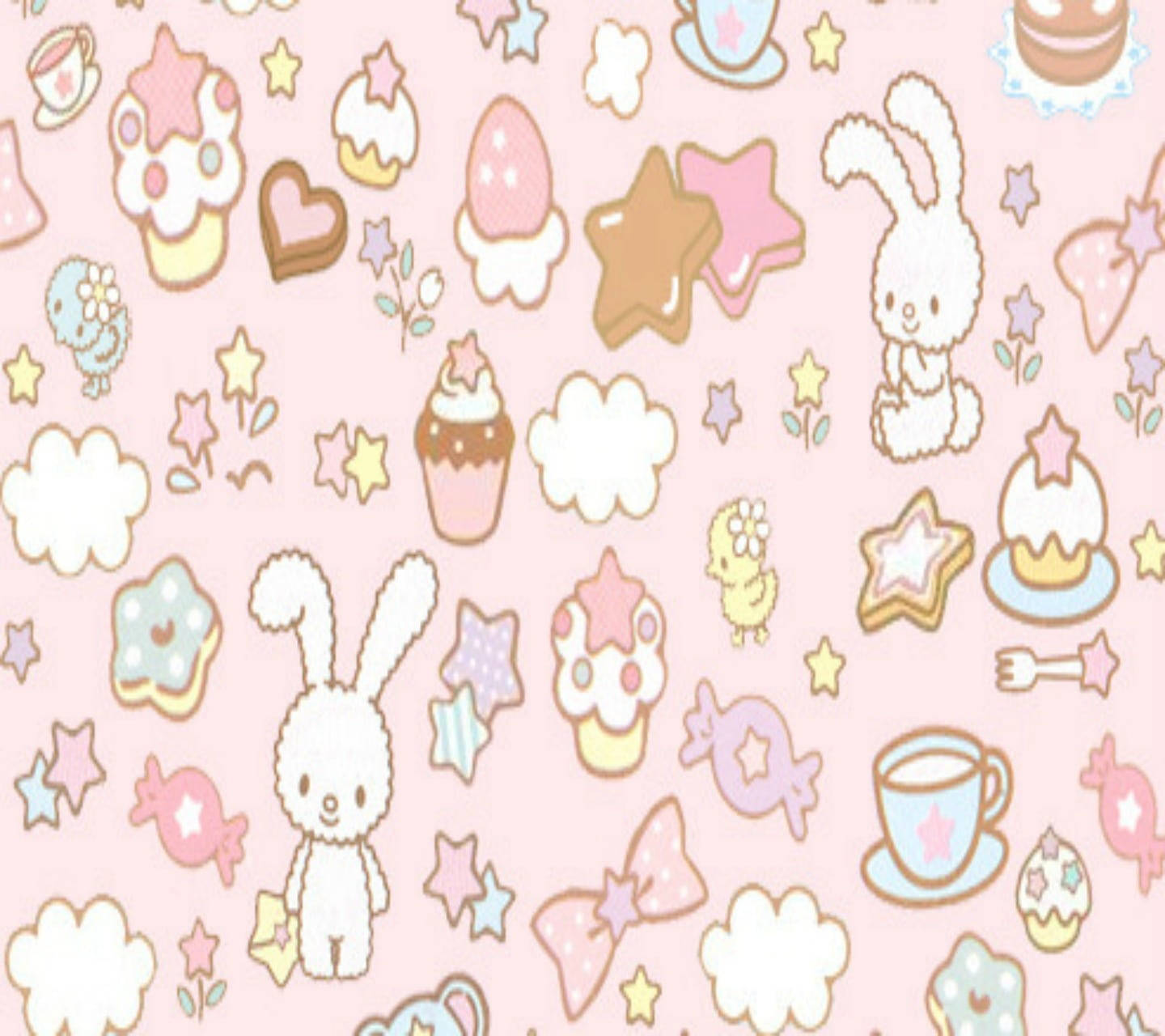 Cute Bunny 桌布 壁紙 — 粉紅色柔和色調的壁紙圖案，以可愛卡通兔子、杯子蛋糕、星星和雲朵為特色，採用卡哇伊風格。