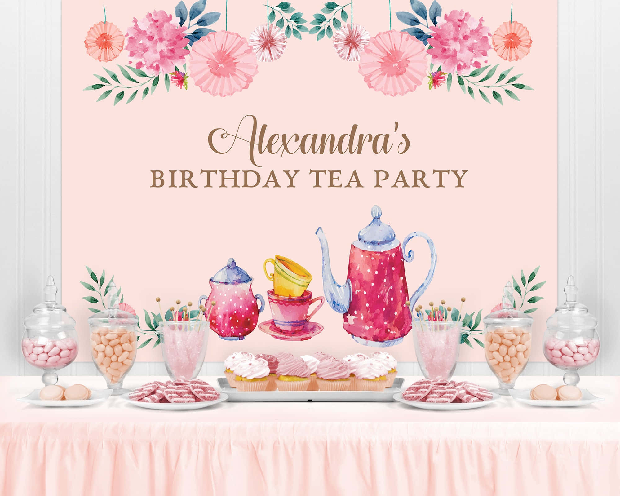 Tea Party 桌布 壁紙 — 粉紅色柔和色調的茶會背景，配有花環和插圖茶壺、杯子蛋糕和糖果，整齊地擺放在相配的桌布上。