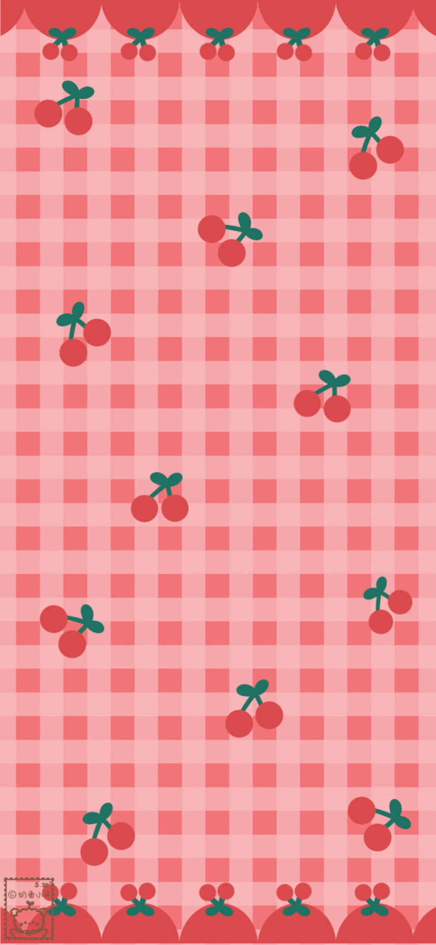 Checkered 桌布 壁紙 — 粉紅色格紋壁紙圖案，散落著紅色櫻桃和扇貝形邊框。
