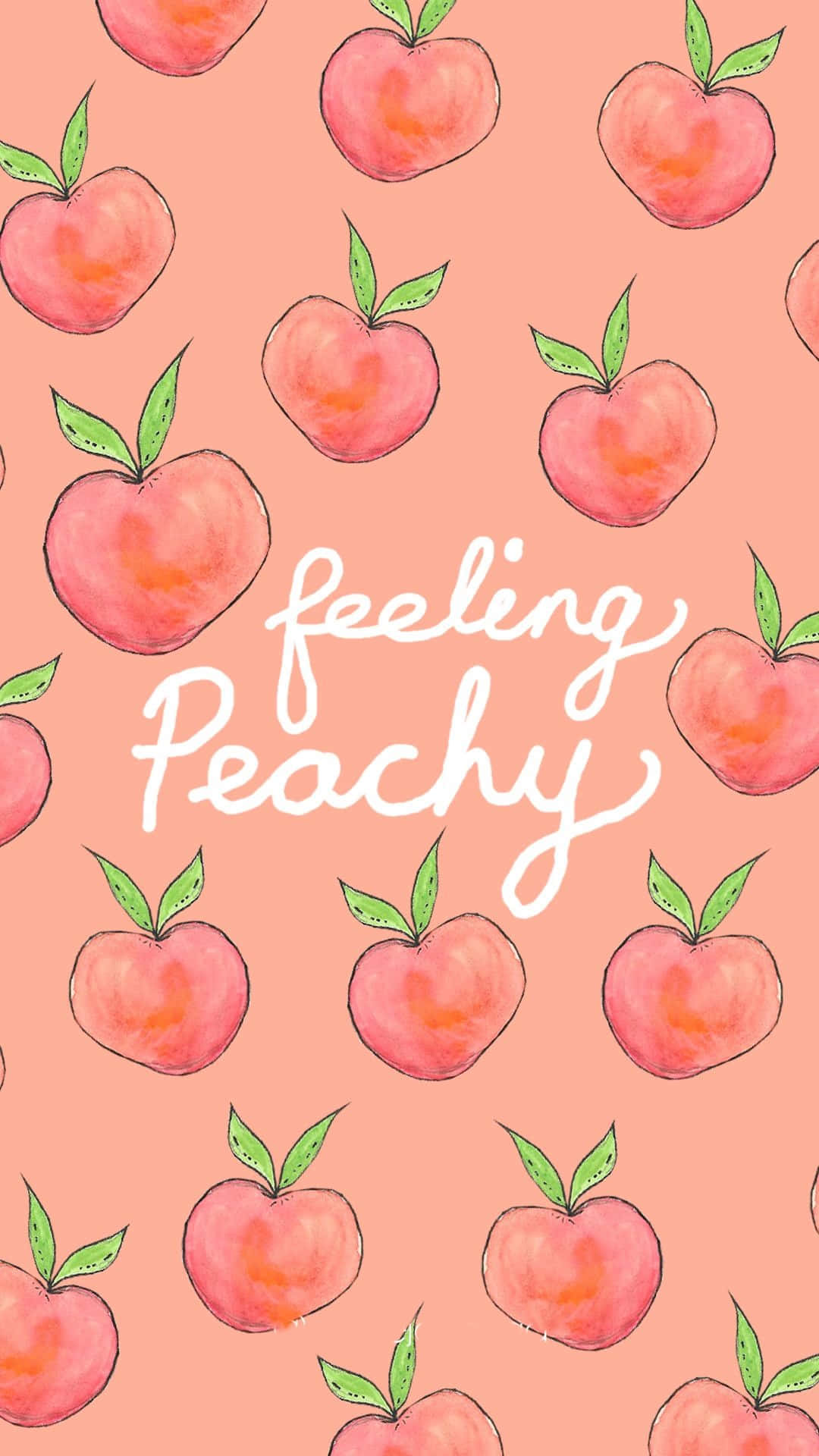 Vintage Peach 桌布 壁紙 — 粉紅色桃子圖案，搭配綠色葉片和白色草書文字，寫著feeling Peachy，背景為柔和珊瑚色。