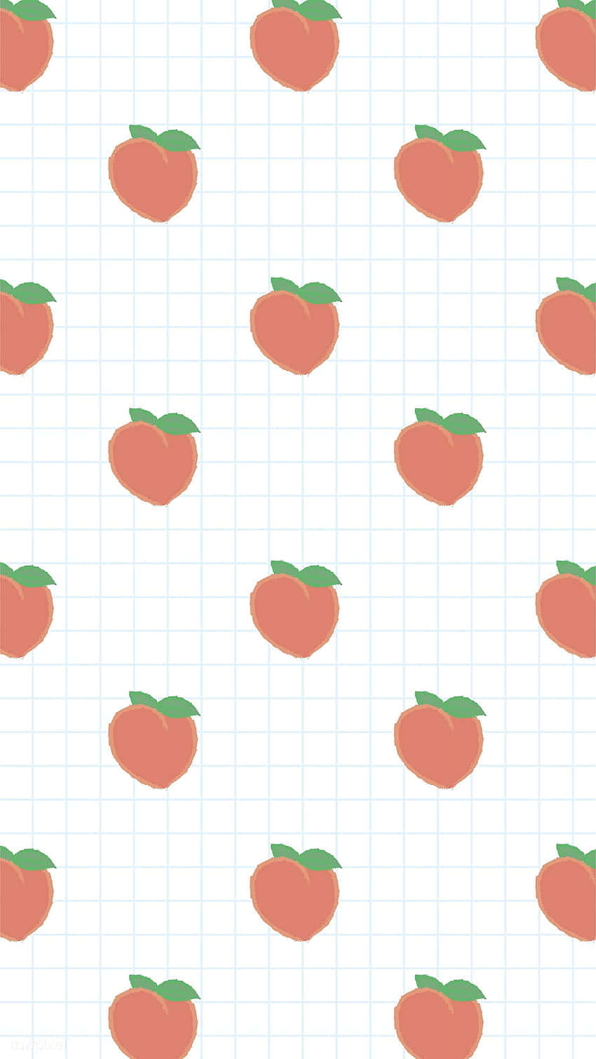 Cute Peach 桌布 壁紙 — 粉紅色桃子圖標搭配綠色葉子，在淺藍色網格背景上重複排列。