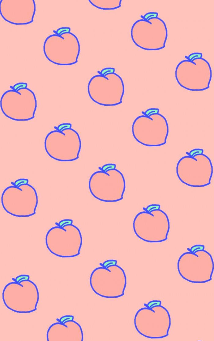Fruit 桌布 壁紙 — 粉紅色桃子輪廓搭配藍色莖在柔軟珊瑚色背景上以俏皮圖案重複。