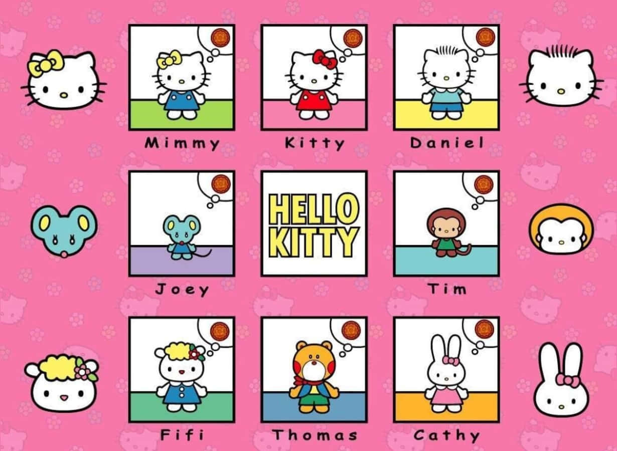 Hello Kitty And Friends 桌布 壁紙 — 粉紅色桌布，Hello Kitty 和朋友們在彩色方格中，附有名字和思想泡泡。