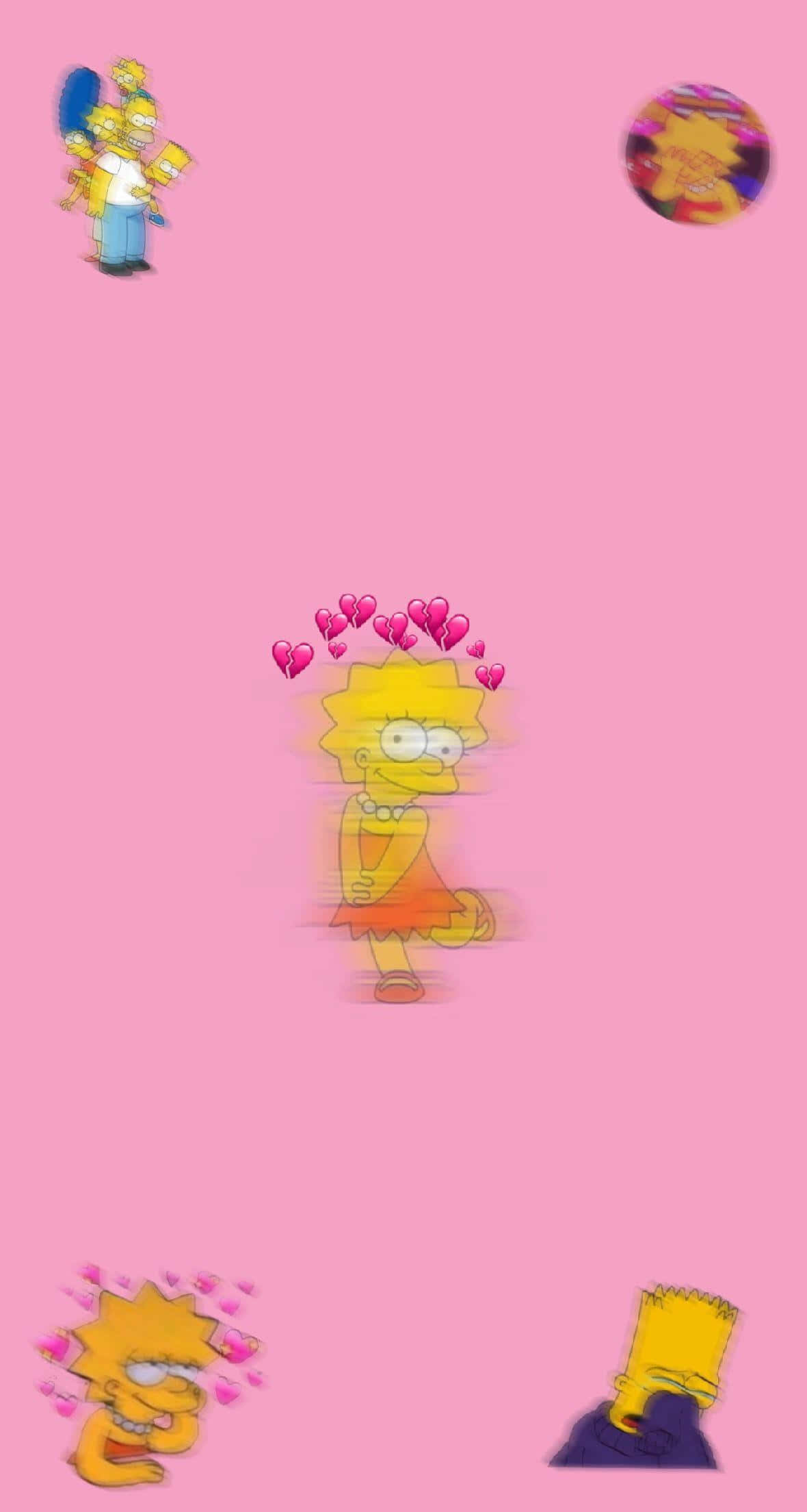 Simpsons Aesthetic 桌布 壁紙 — 粉紅色桌布，上面有動畫辛普森角色和漂浮的心形圖案。