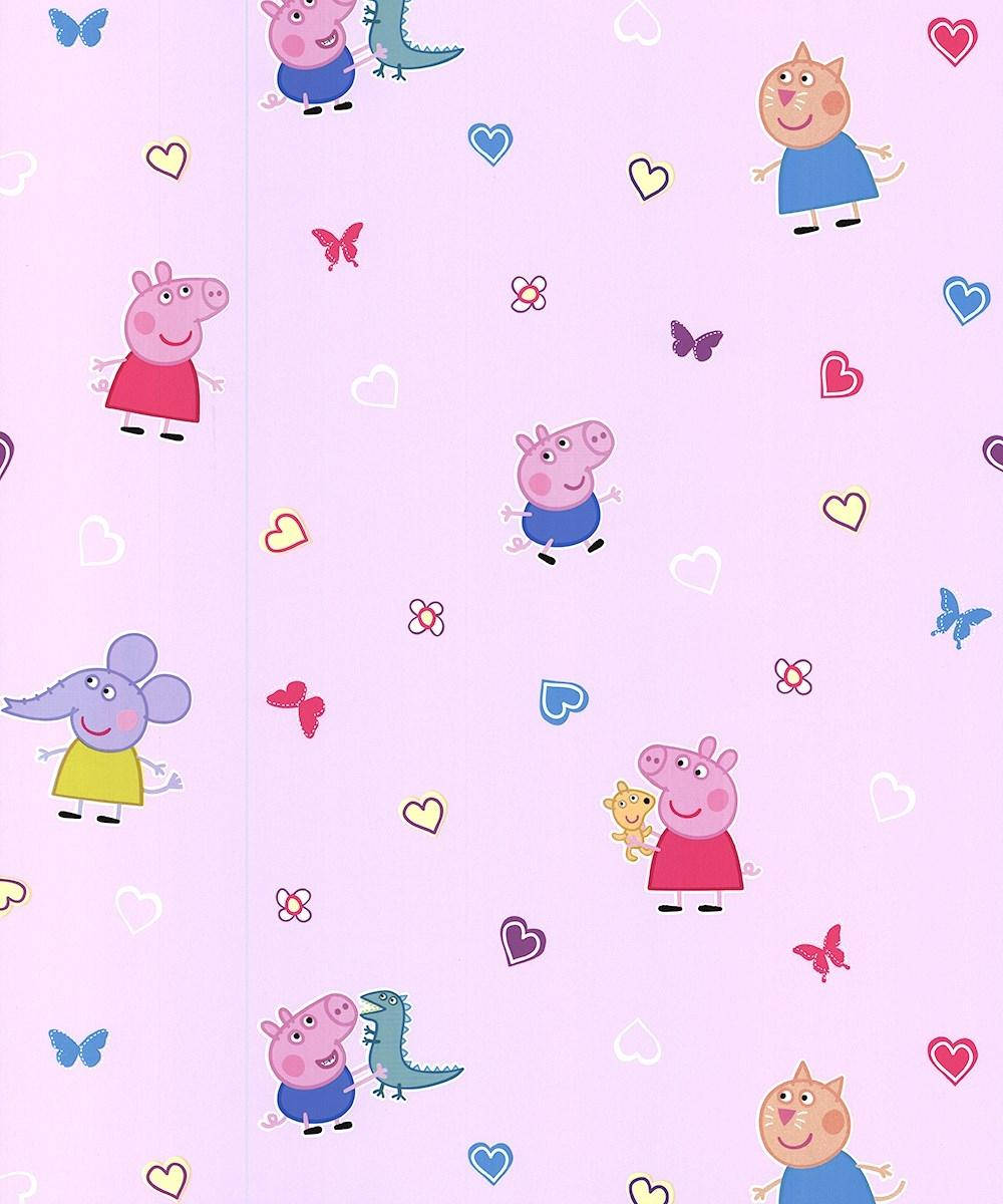 Peppa 桌布 壁紙 — 粉紅色桌布，卡通角色Peppa Pig朋友們和彩色心形蝴蝶散落在柔和的粉彩背景上。