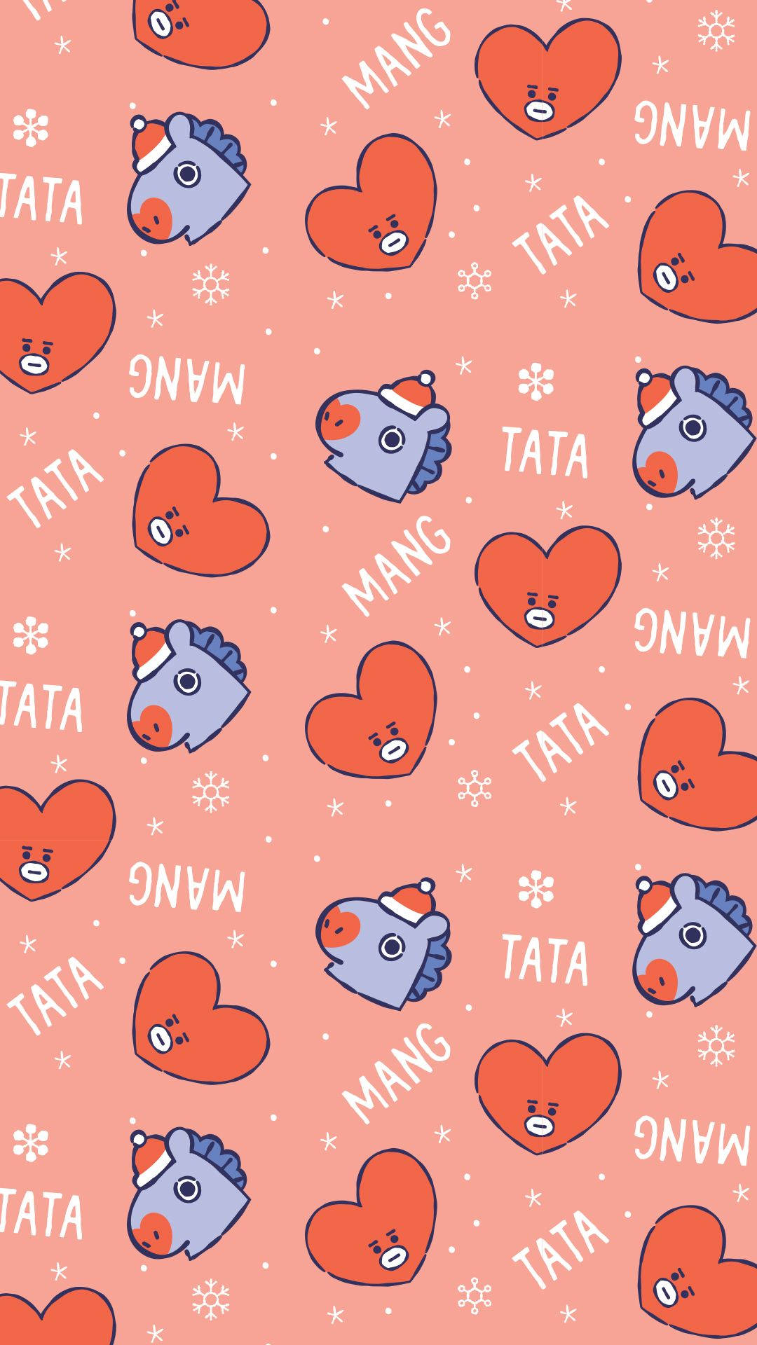 塔塔 BT21 桌布 壁紙 — 粉紅色桌布，重複可愛卡通愛心和戴聖誕帽的馬頭，搭配雪花點綴。