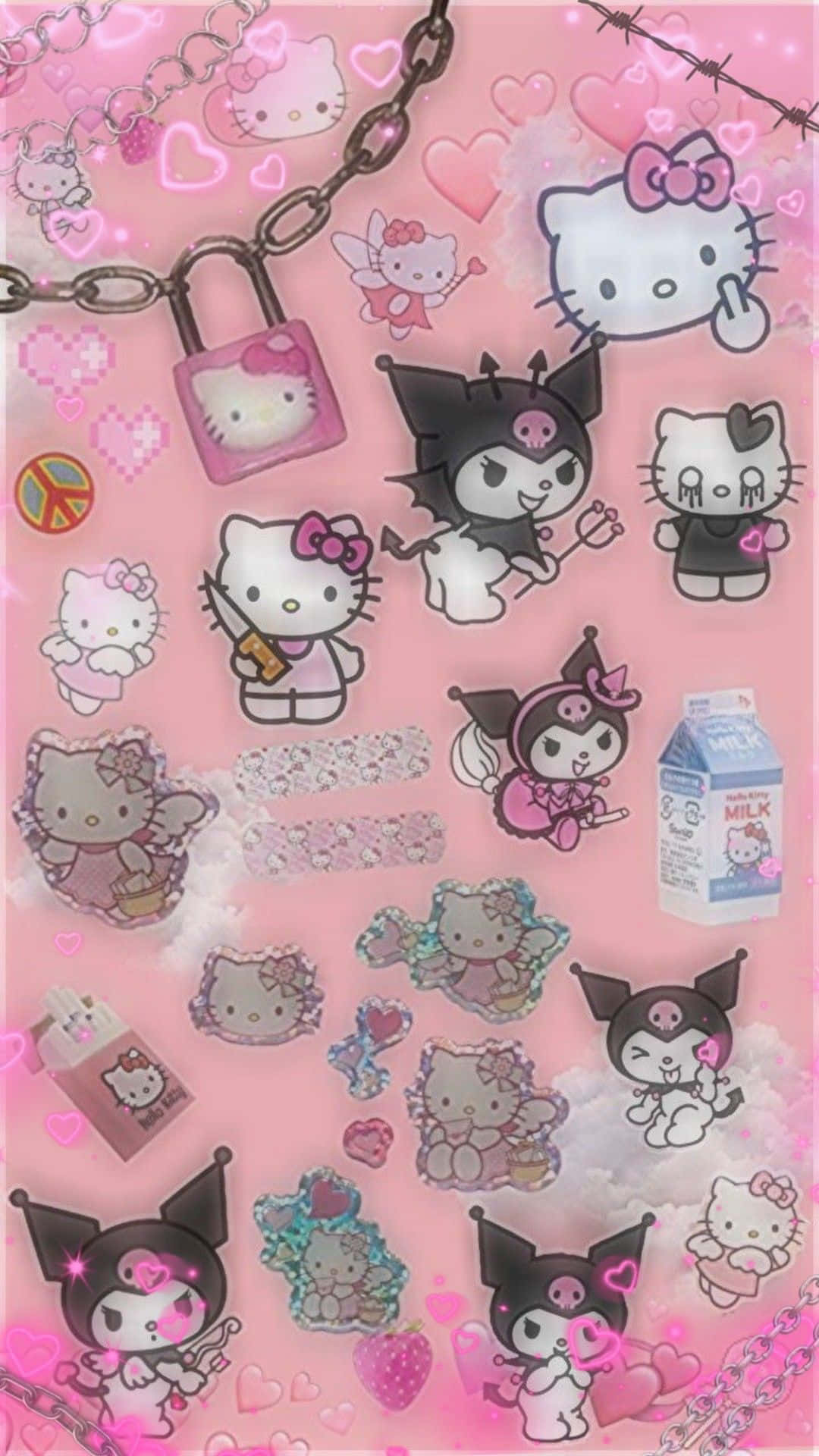 Emo Hello Kitty 桌布 壁紙 — 粉紅色桌布拼貼，以Hello Kitty和Kuromi角色為特色，配有愛心、鎖鏈、鎖頭和牛奶盒，背景是蓬鬆的雲朵。