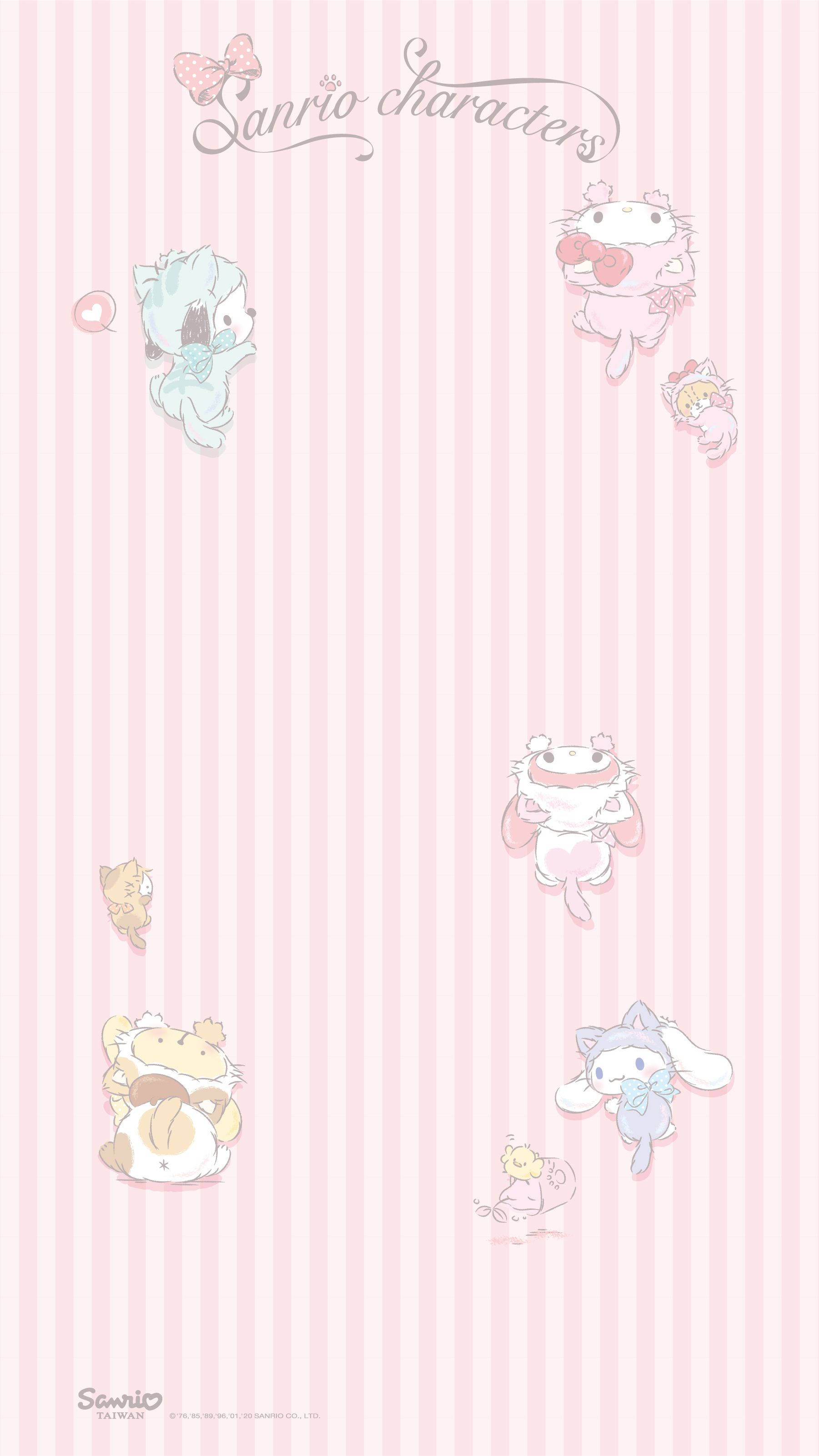 Cute Sanrio 桌布 壁紙 — 粉紅色條紋壁紙，帶有飄浮的Sanrio角色，如Hello Kitty和My Melody，柔和卡通風格。