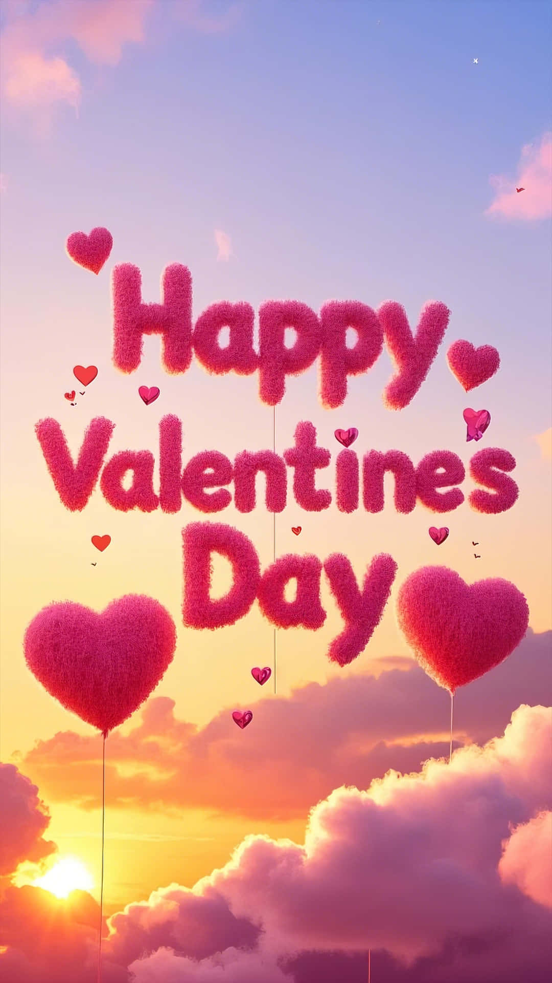 Dreamy cloud-text Valentine's Day design with sparkles 壁紙 — 粉紅色毛絨心形氣球在日落天空飄浮，並有相配的粉紅色毛絨字體寫著 'Happy Valentines Day'。
