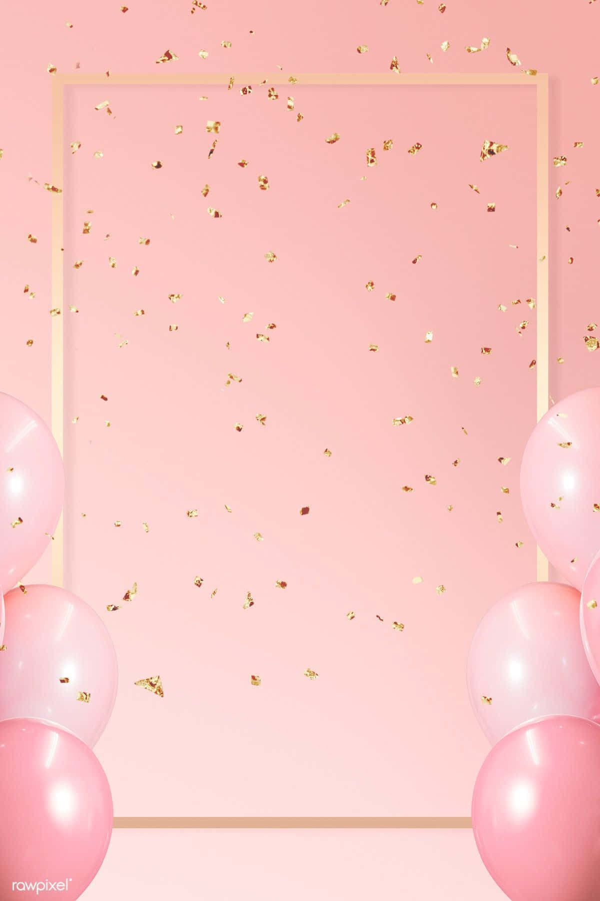 Pink Balloons 桌布 壁紙 — 粉紅色氣球和金色紙屑在柔和的粉紅色背景上圍繞著米色框架飄浮。