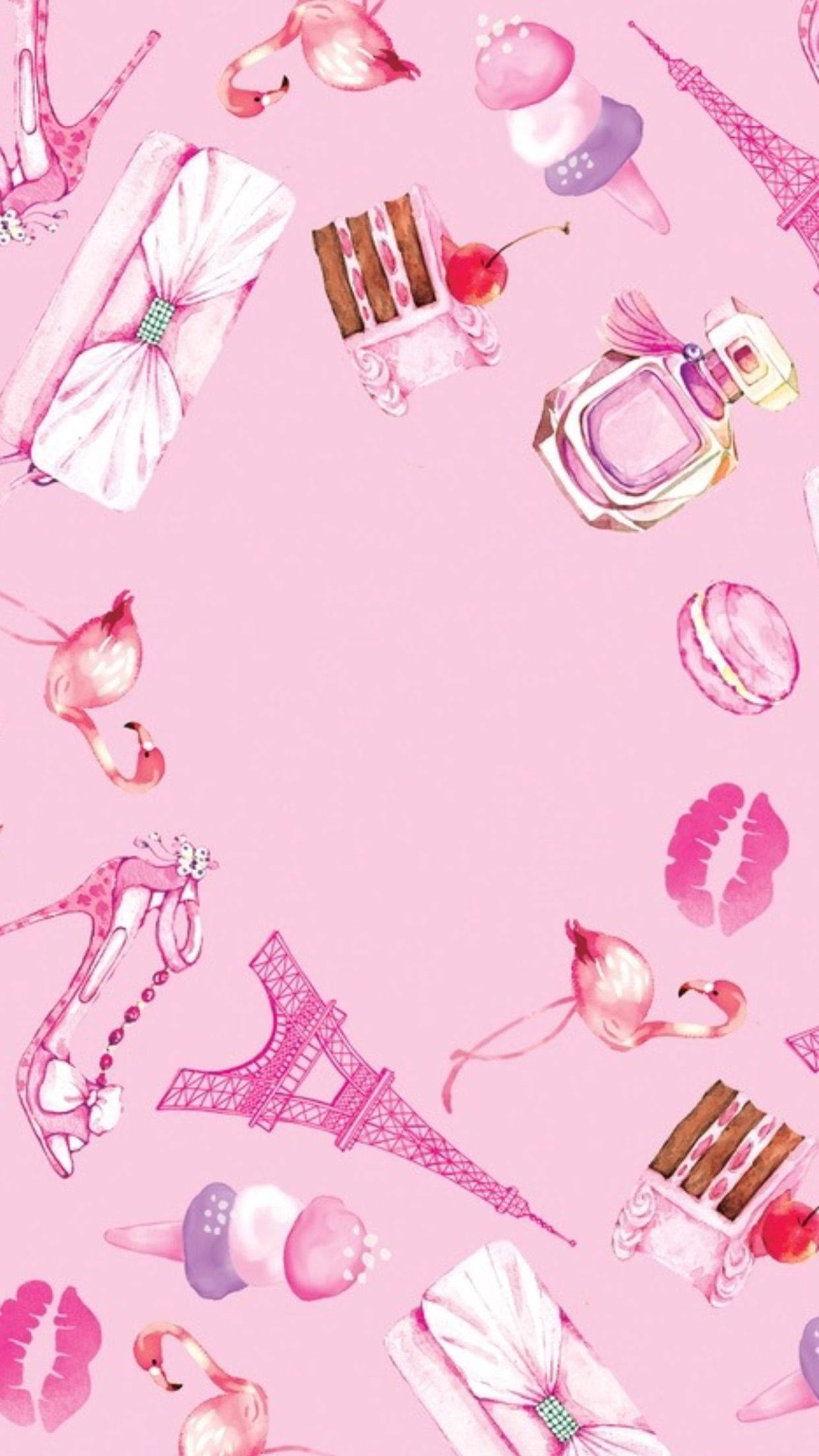 Aesthetic Girly 桌布 壁紙 — 粉紅色水彩圖案，巴黎標誌如艾菲爾鐵塔、高跟鞋、香水和馬卡龍散落在柔和的粉紅色背景上。
