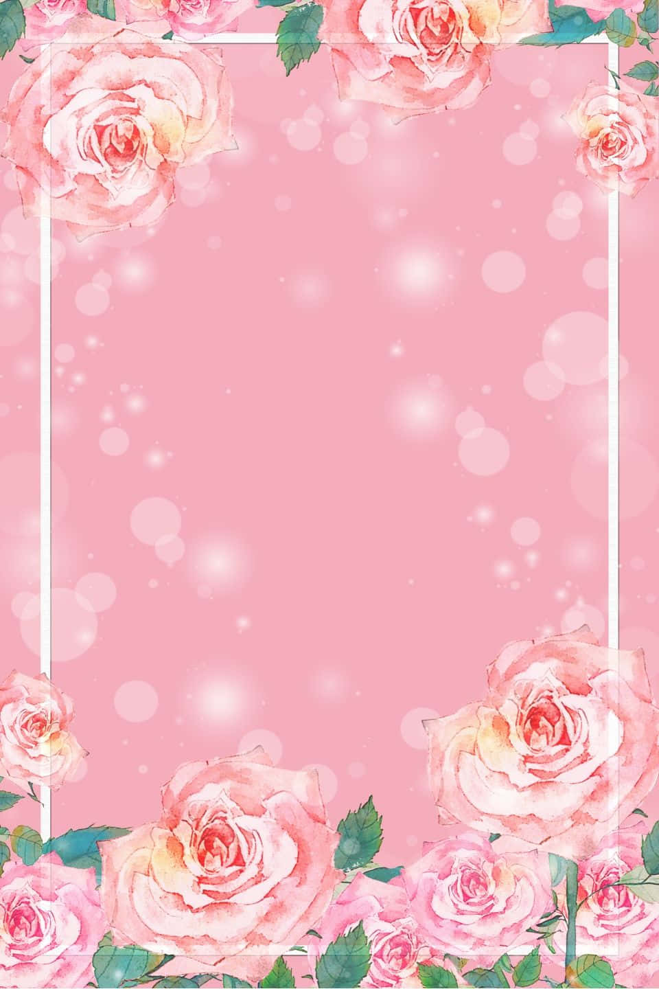 Pink Flower 桌布 壁紙 — 粉紅色水彩玫瑰框住一個柔和發光的背景，帶有散景燈光和白色邊框。