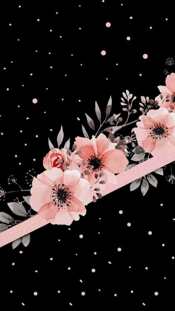 玫瑰金 桌布 壁紙 — 粉紅色水彩花卉和葉子沿對角線綻放在點綴著閃爍星星的黑色背景上。