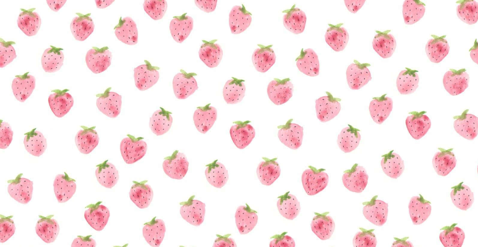 Strawberries 桌布 壁紙 — 粉紅色水彩草莓散落在乾淨的白色背景上，形成俏皮的重複圖案。